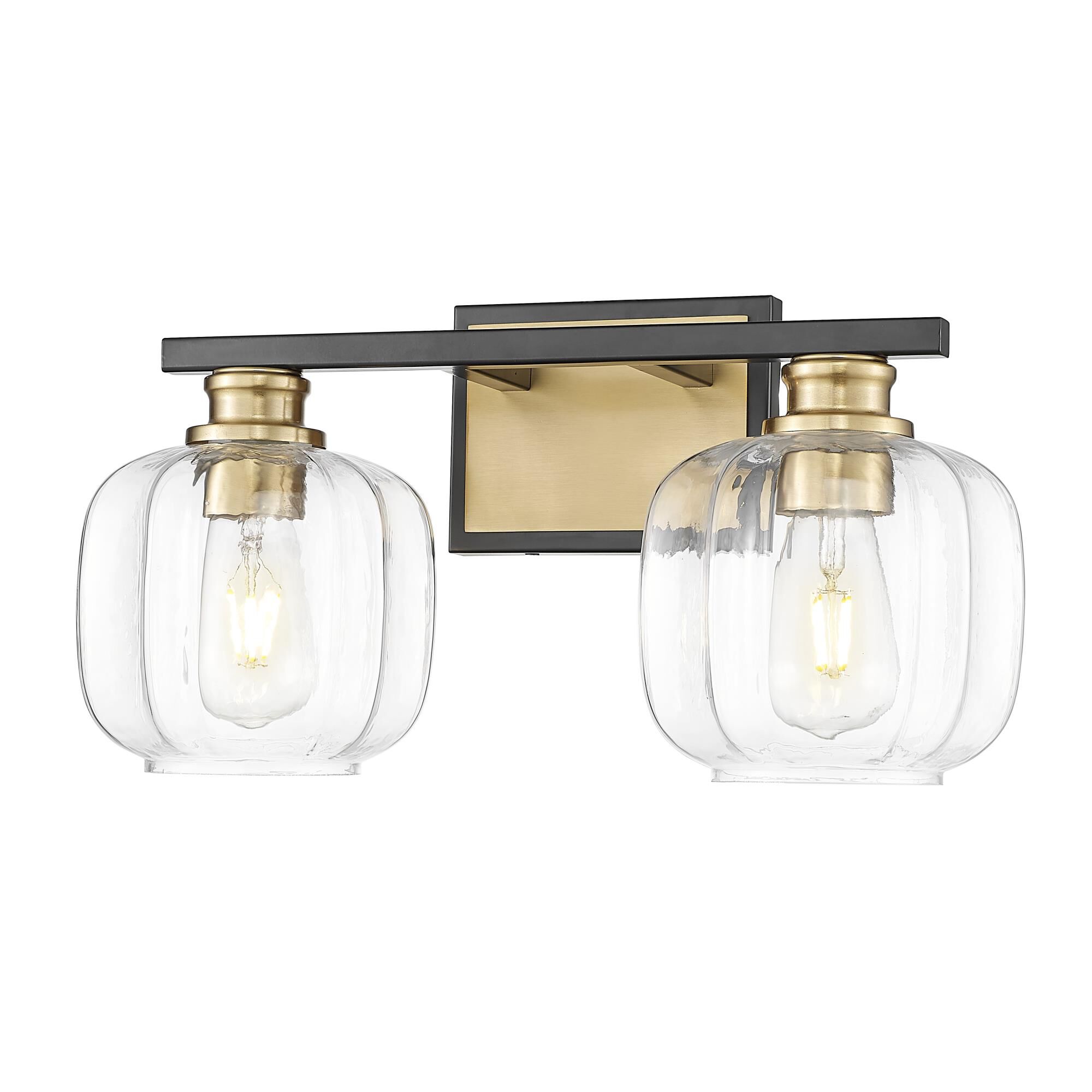 Shown in Matte Black And Brass finish and Clear Glass Globes shade
