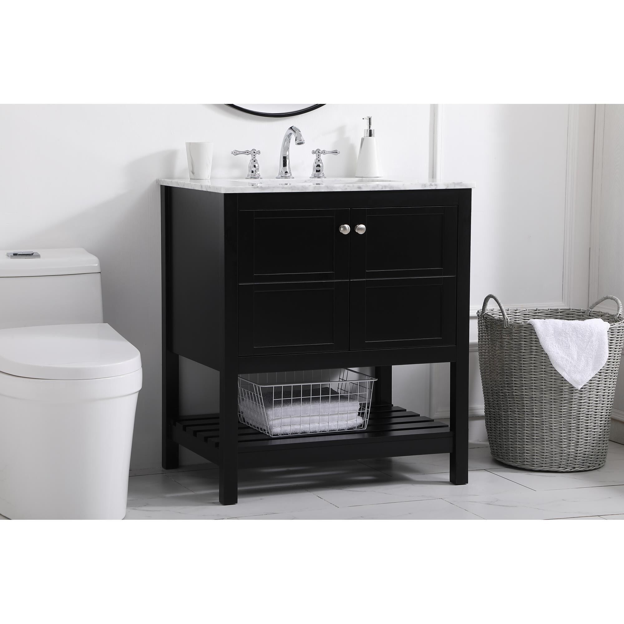 Shown in Black And Brushed Nickel With Carrara White Marble finish