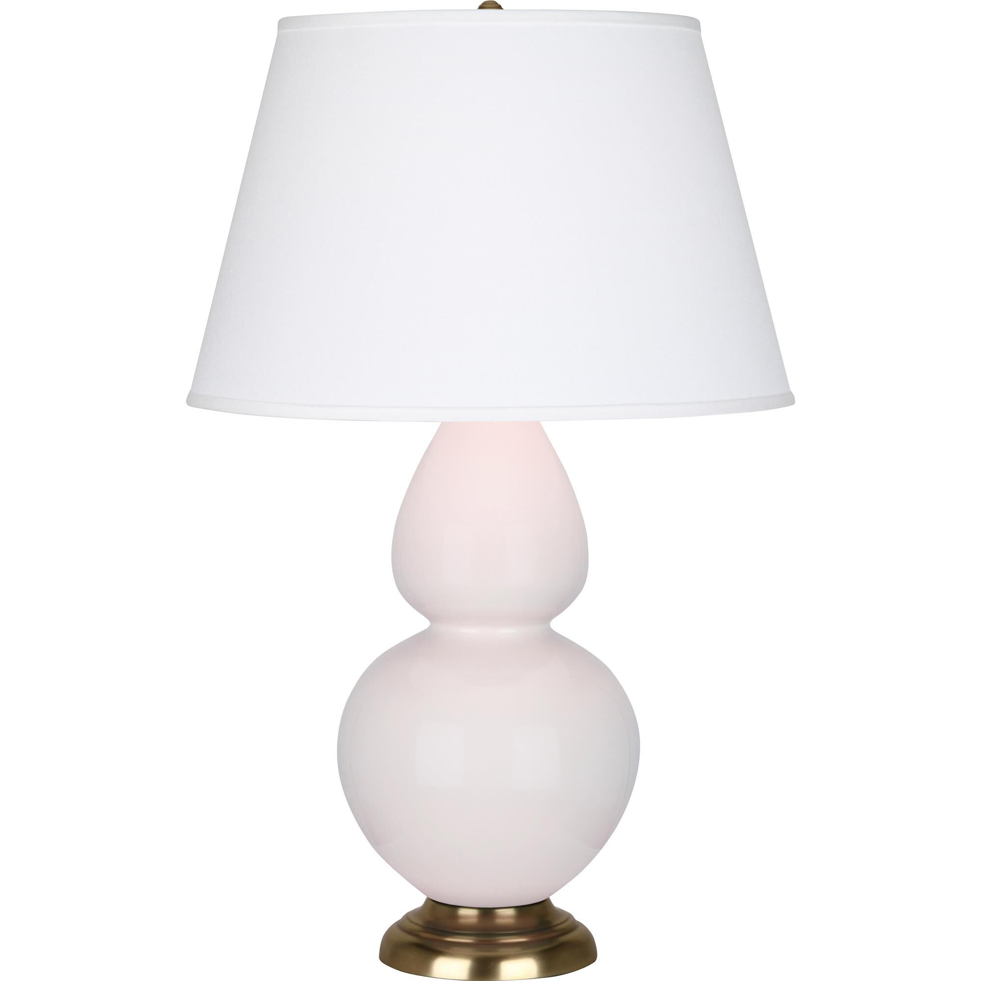Shown in Rose Water Glazed finish and Pearl Dupioni shade and Antique Brass accent
