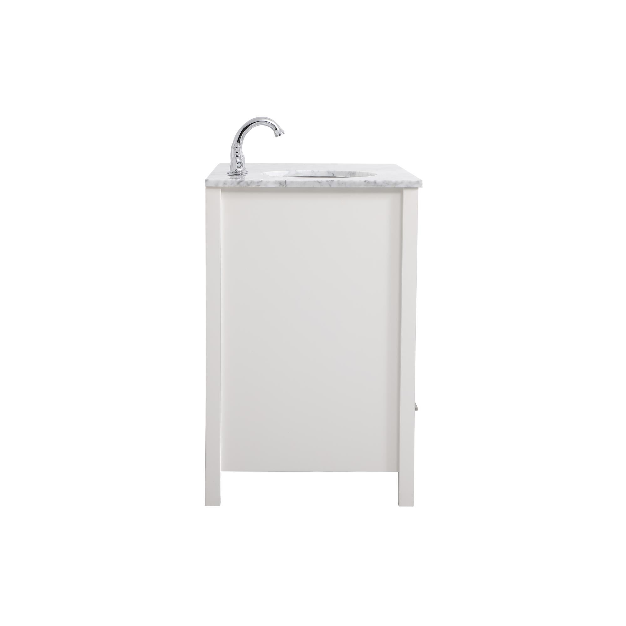 Shown in White And Brushed Nickel With Carrara White Marble finish