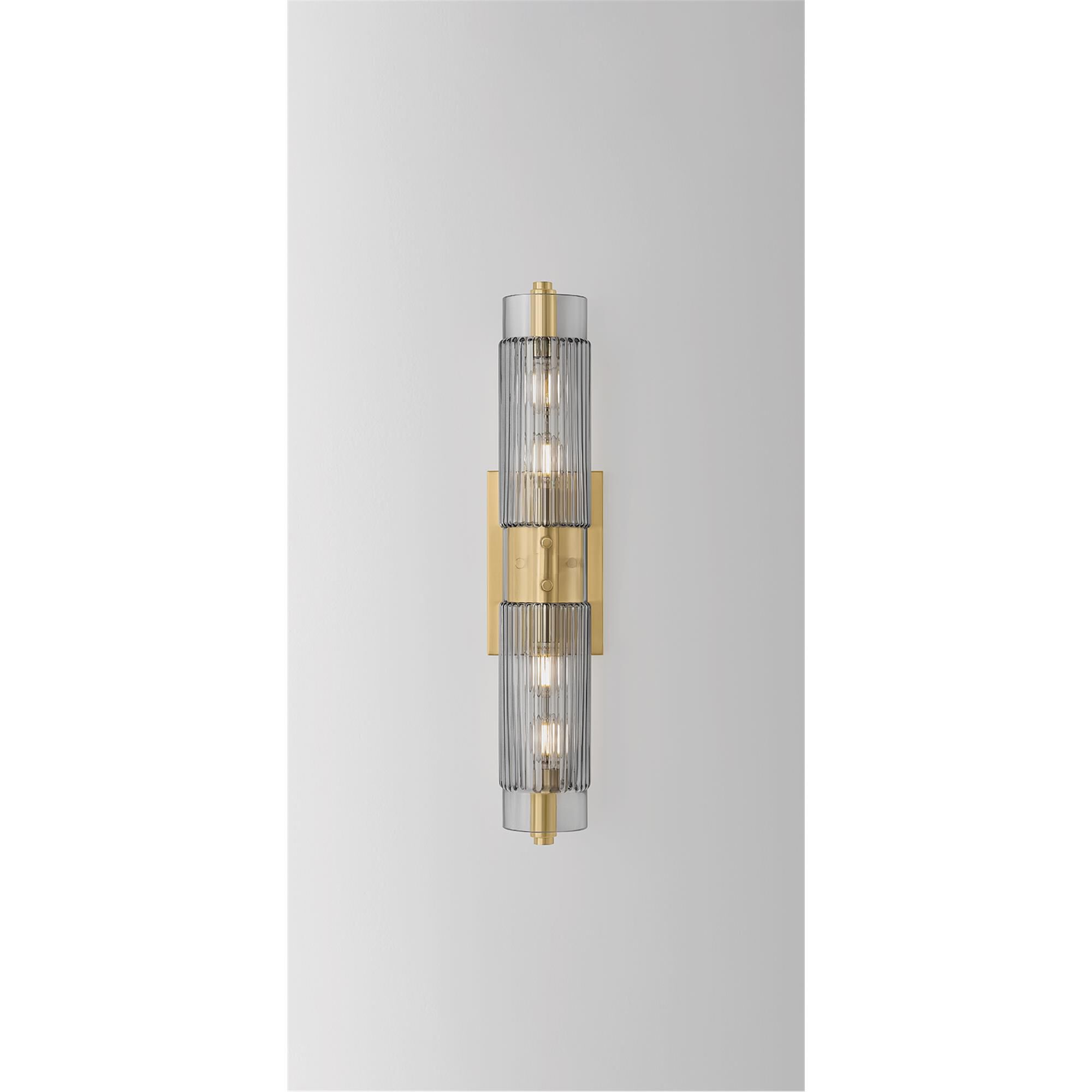 Shown in Vintage Brass finish and Clear Smoke glass