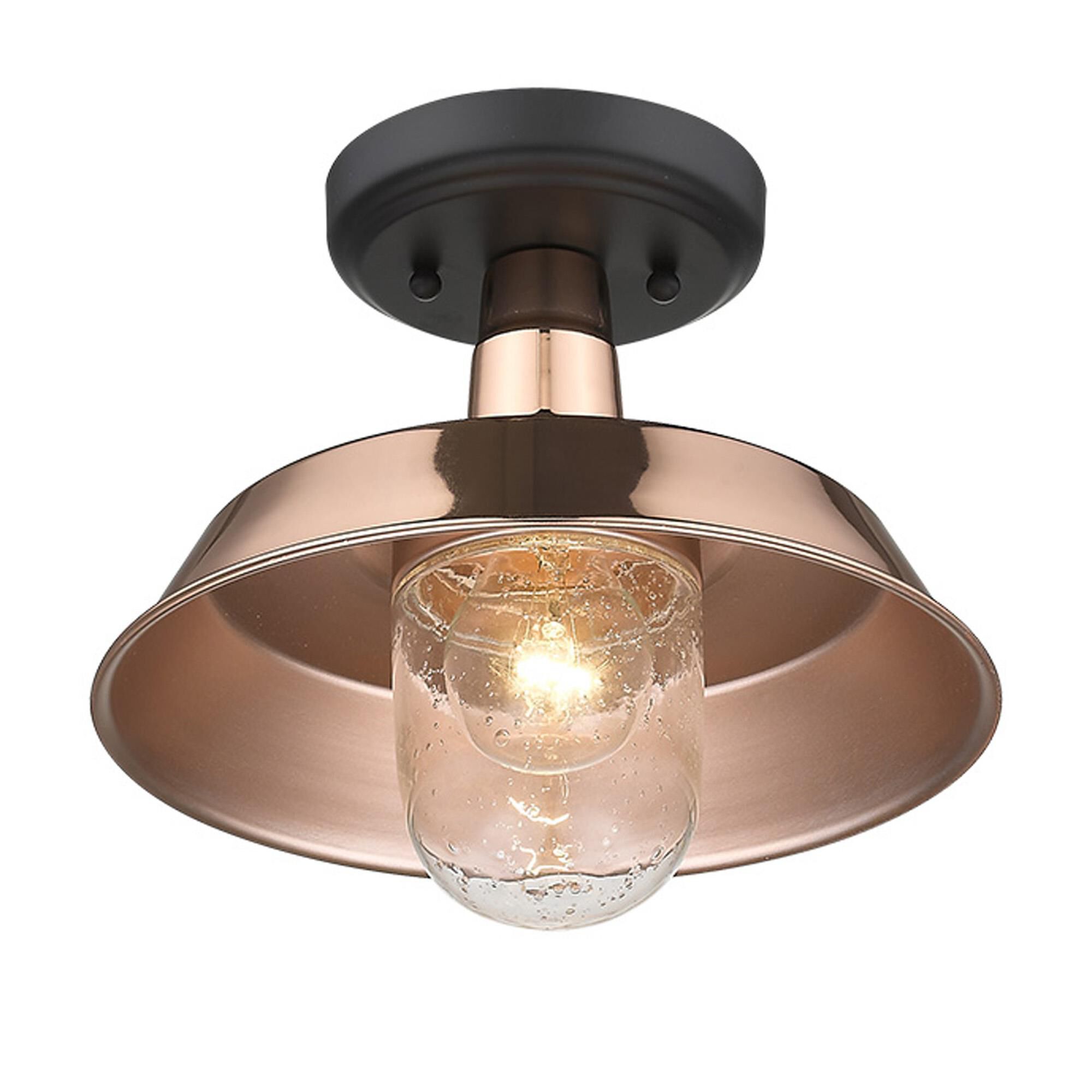 Shown in Copper finish and Clear glass and Clear, Seedy Glass Urn Shaped Globe shade