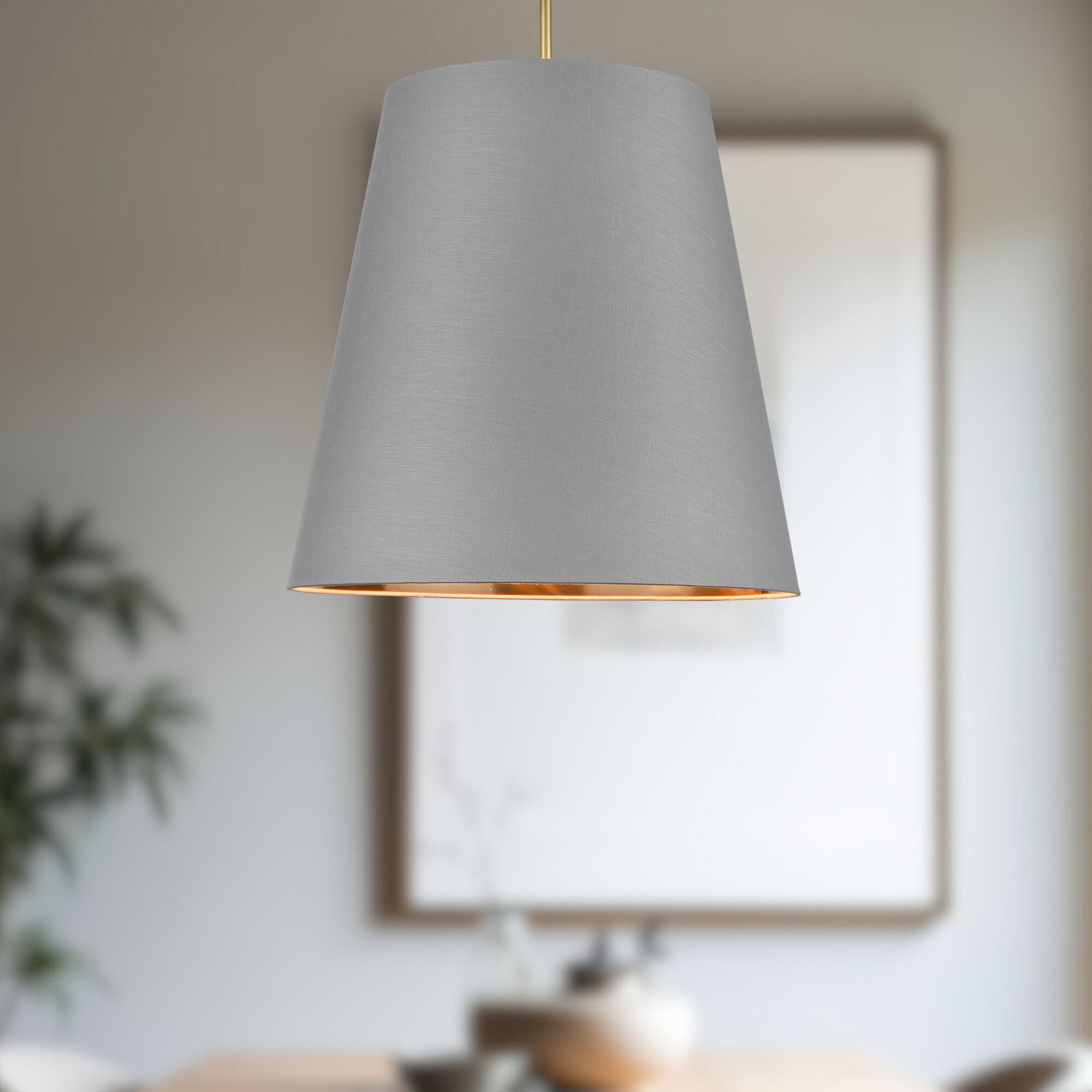 Shown in Brass, Gray and Gold finish and Gray Linen shade