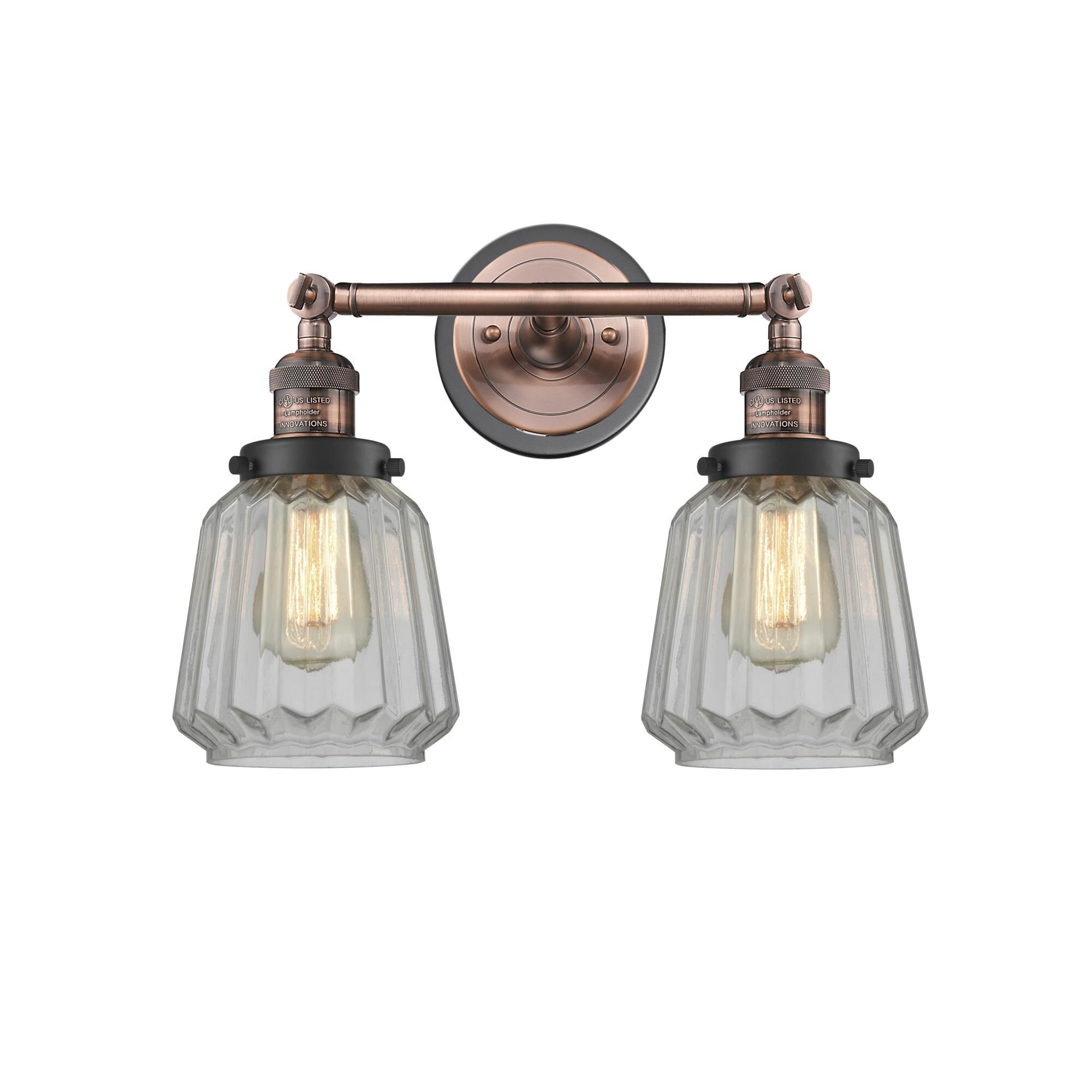 Shown in Antique Copper finish and Clear Chatham glass and Matte Black accent