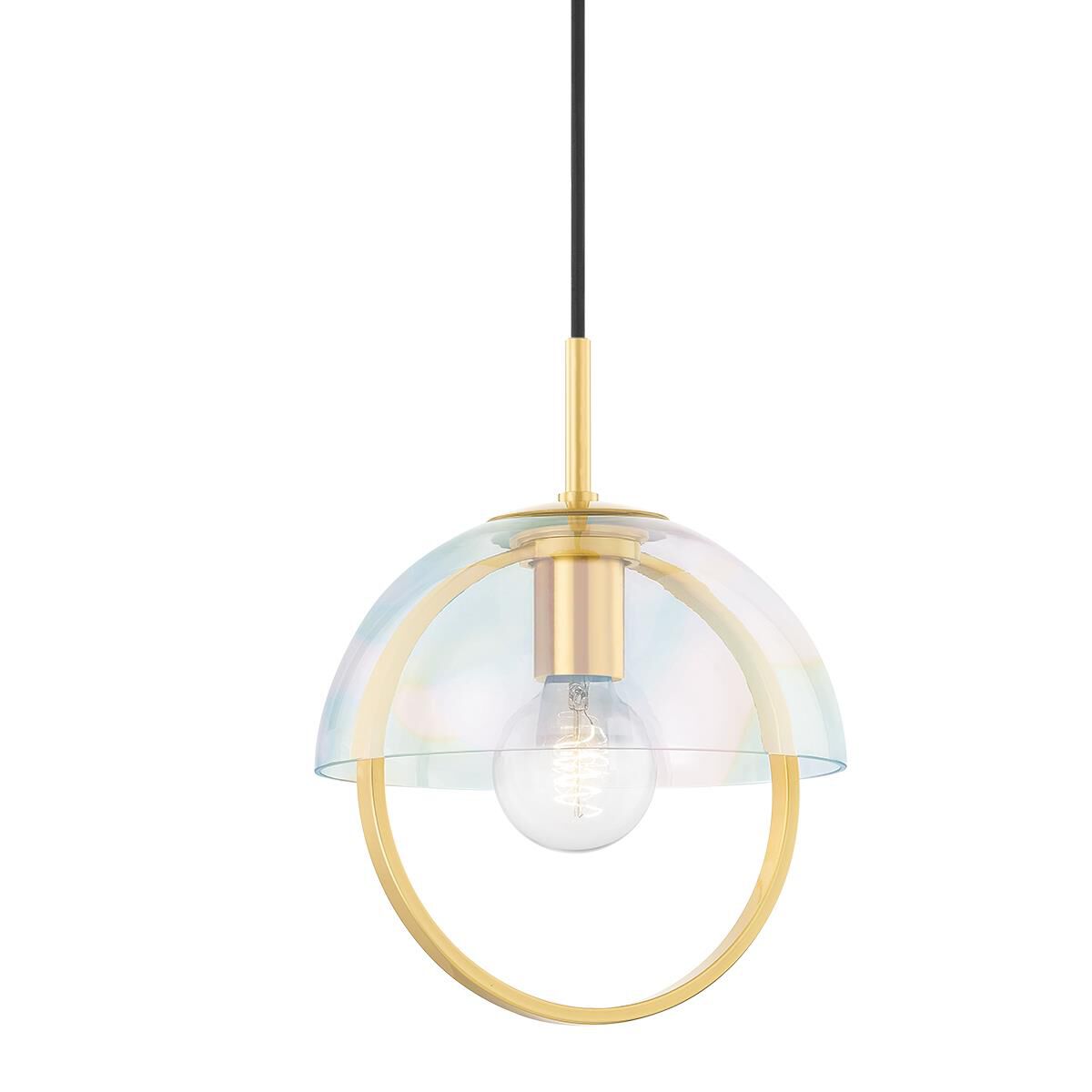 Shown in Aged Brass finish and Clear Plated Light Iridescent glass