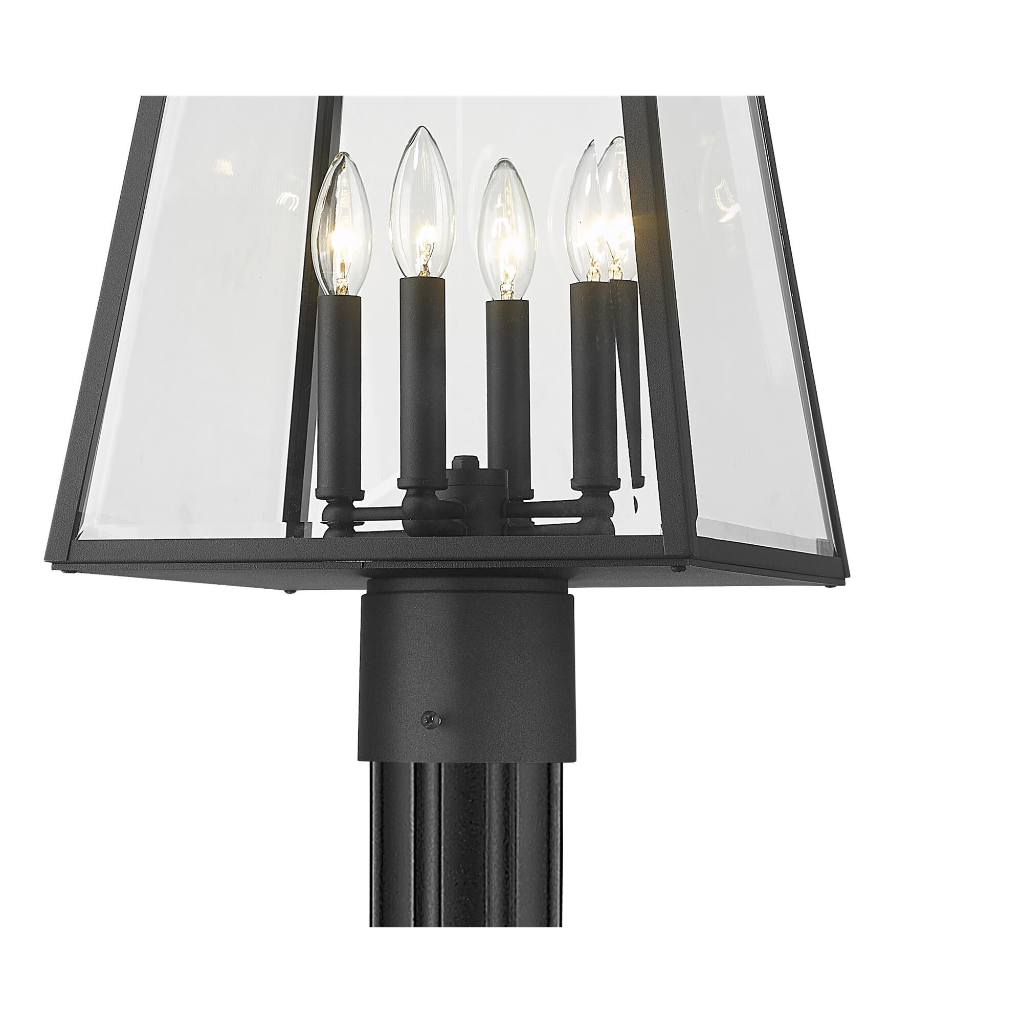 Shown in Black finish and Clear Beveled glass