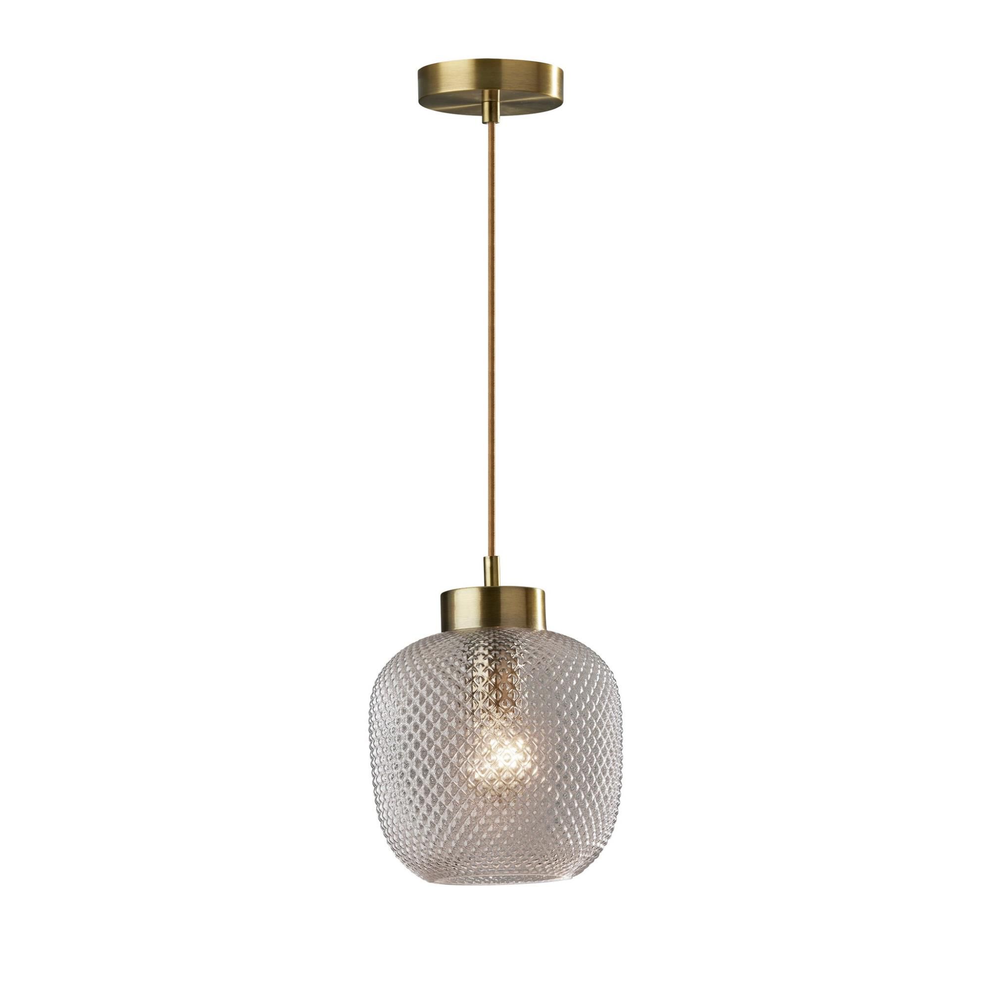 Shown in Antique Brass finish and Clear Textured Glass shade