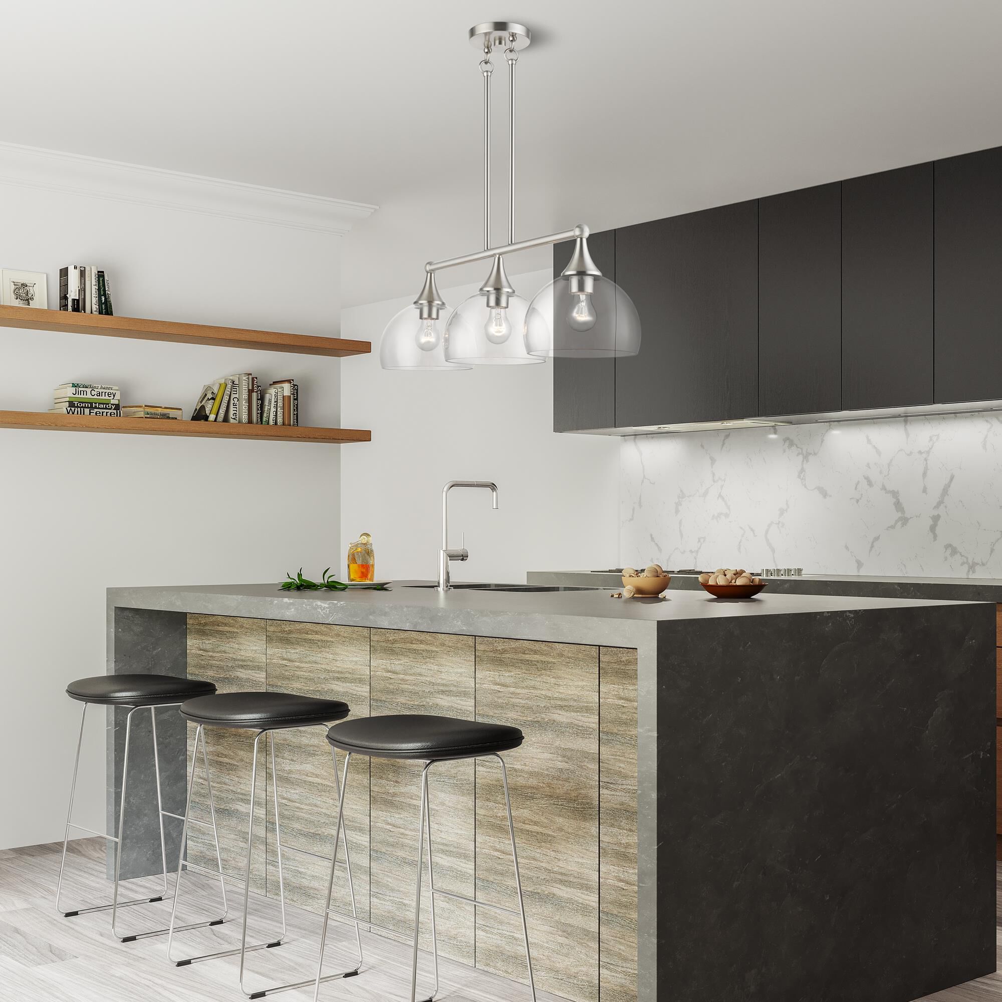 Shown in Brushed Nickel finish and Clear Hand Blown glass