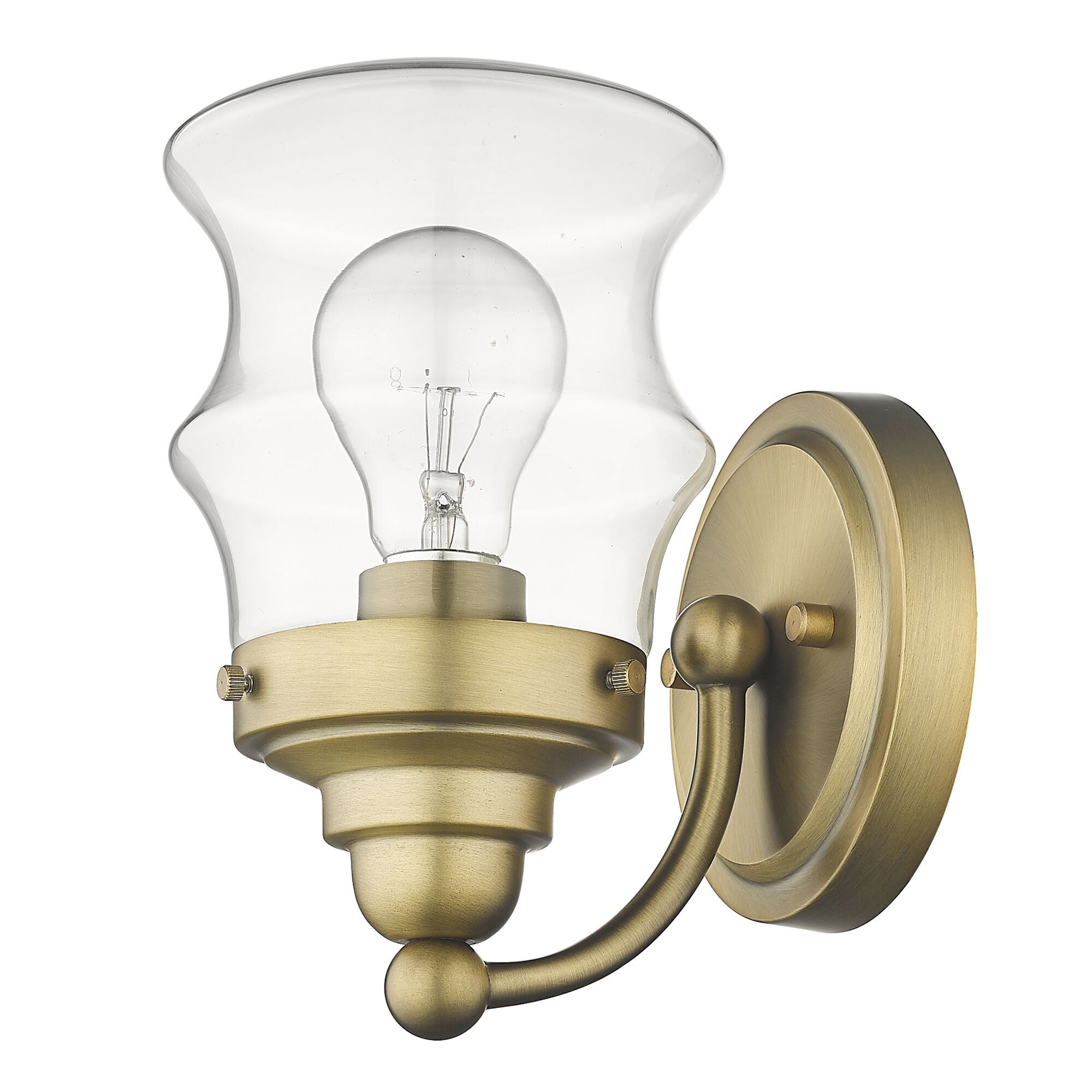 Shown in Antique Brass finish and Clear Glass shade