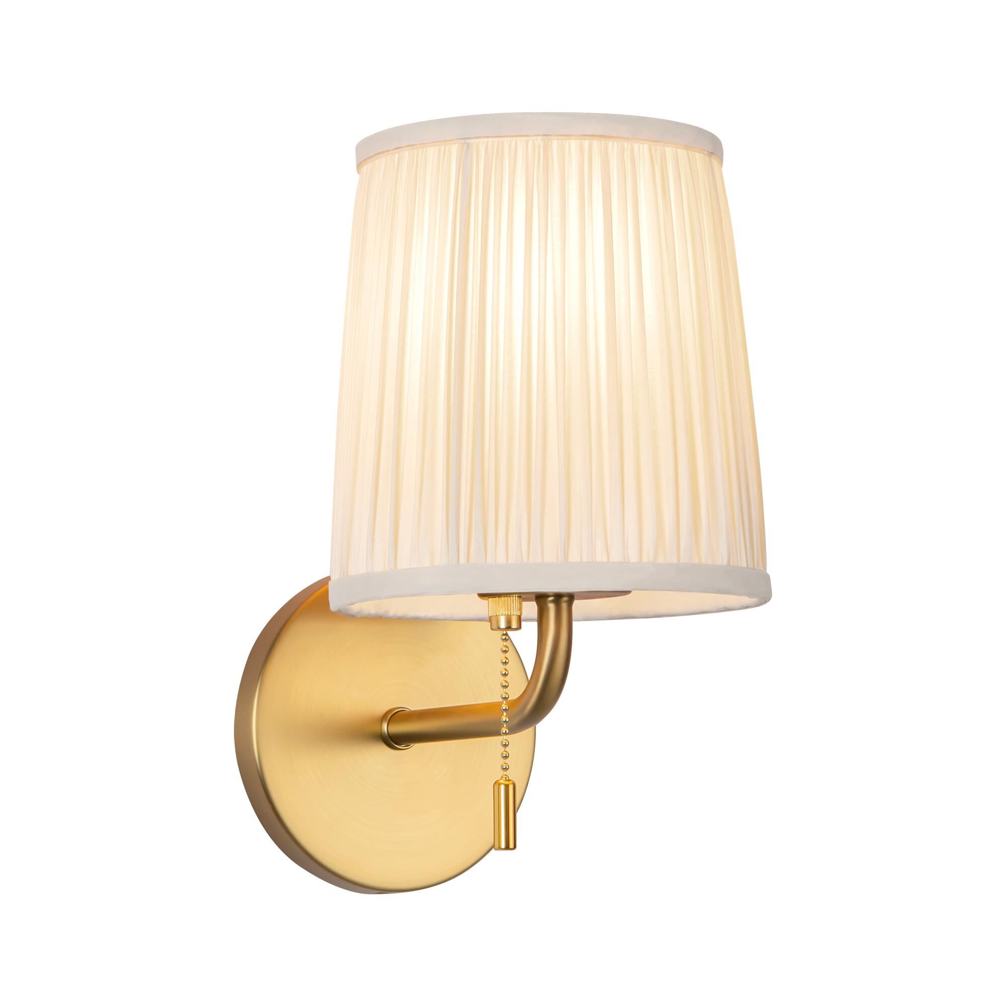 Shown in Brushed Gold finish and White Linen shade