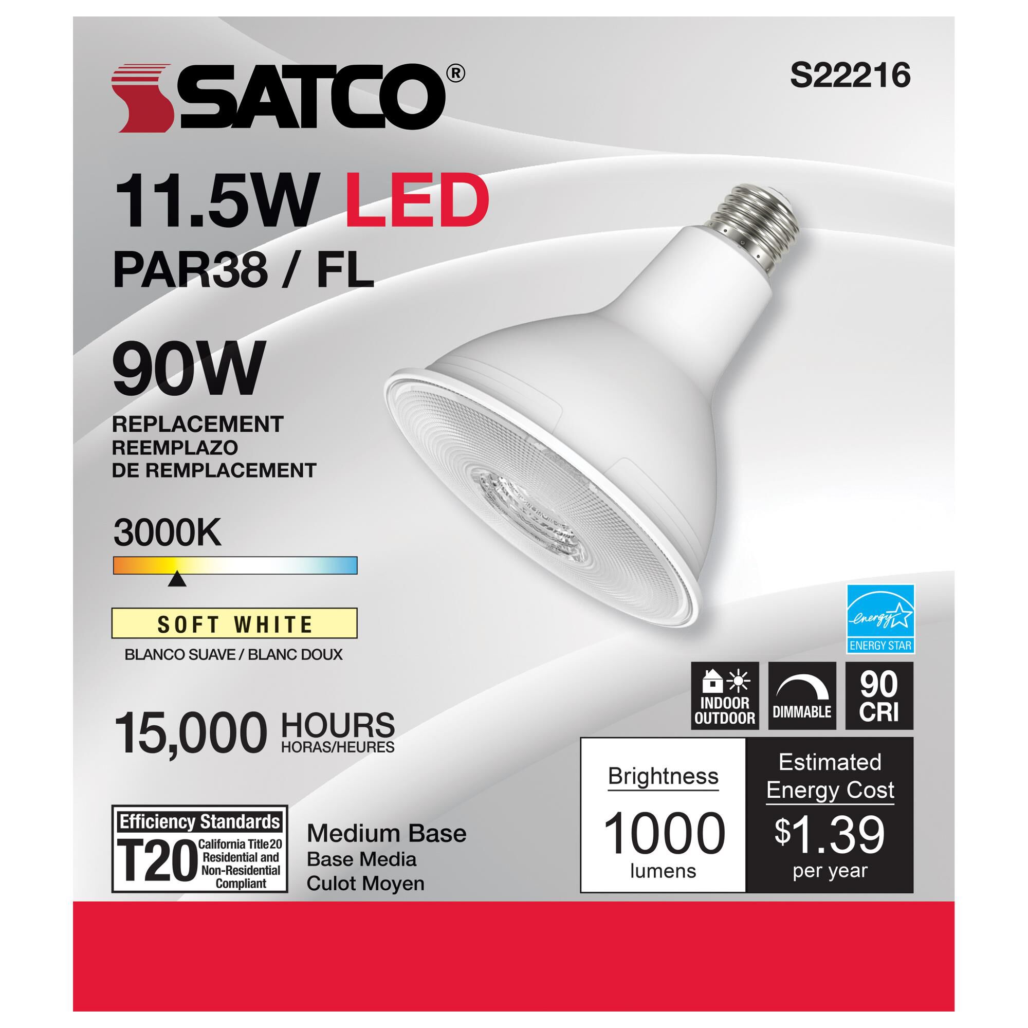 Dimmable 11.5 Watt 3000K PAR38 LED Light Bulb by Satco