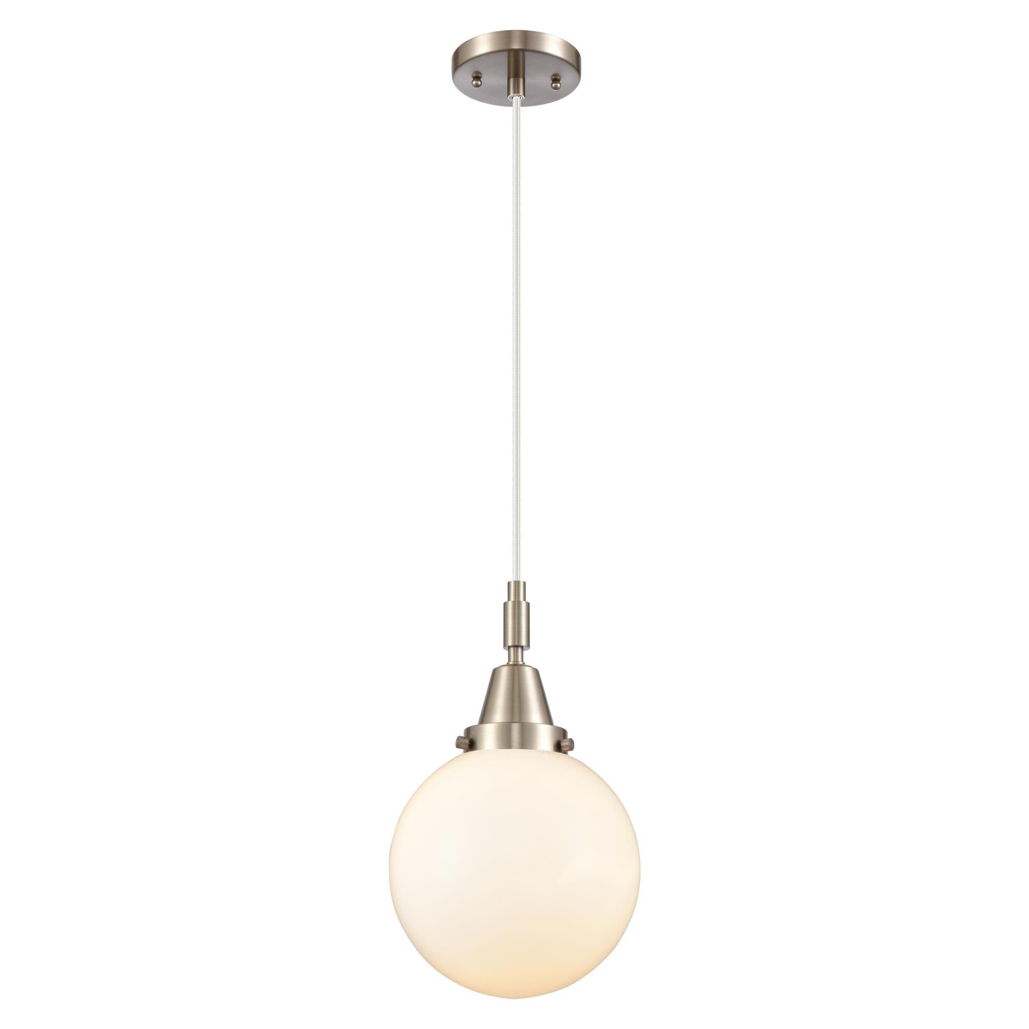 Shown in Brushed Satin Nickel finish and Matte White glass