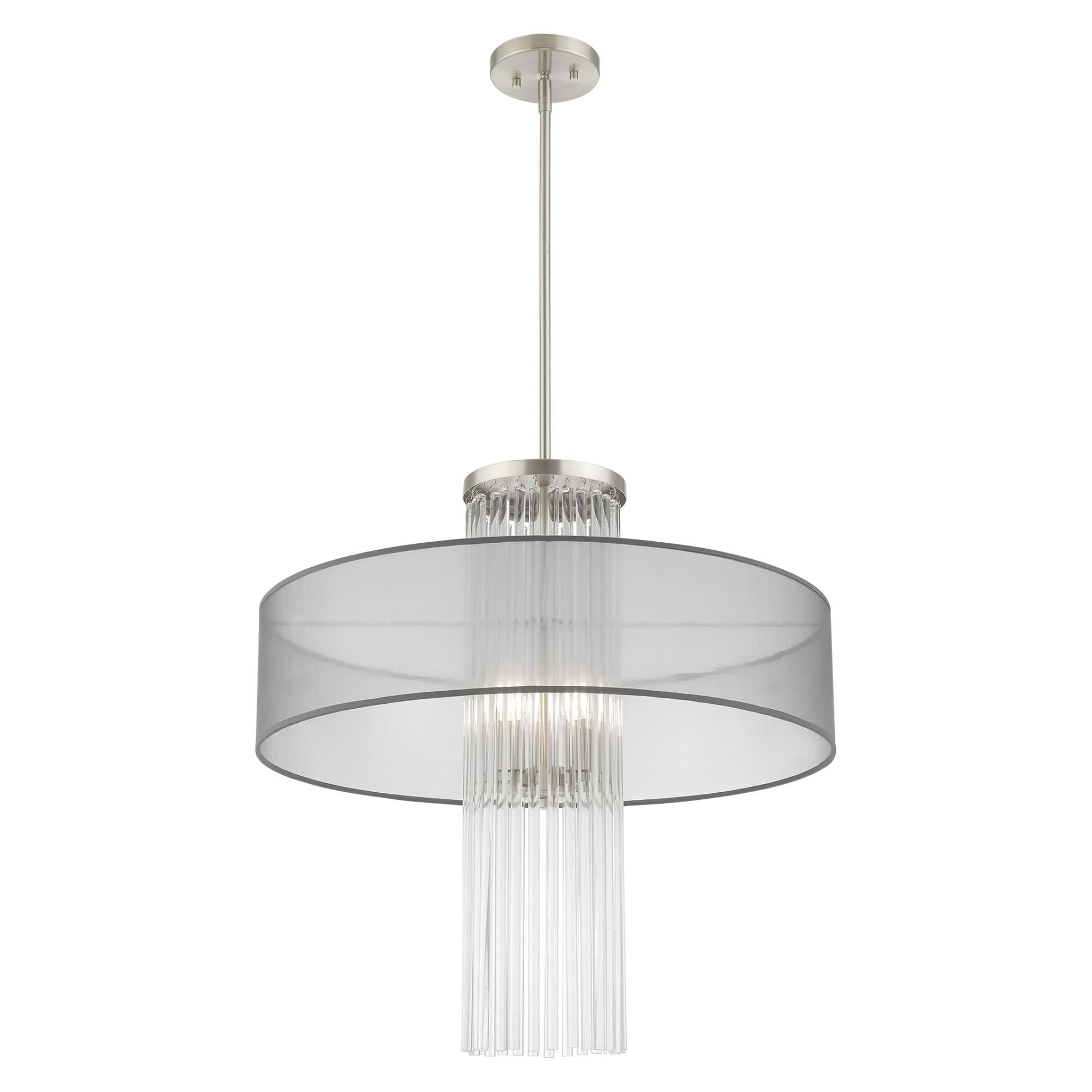 Shown in Brushed Nickel finish and Clear Crystal Rods with Hand Crafted Translucent Gray Fabric shade