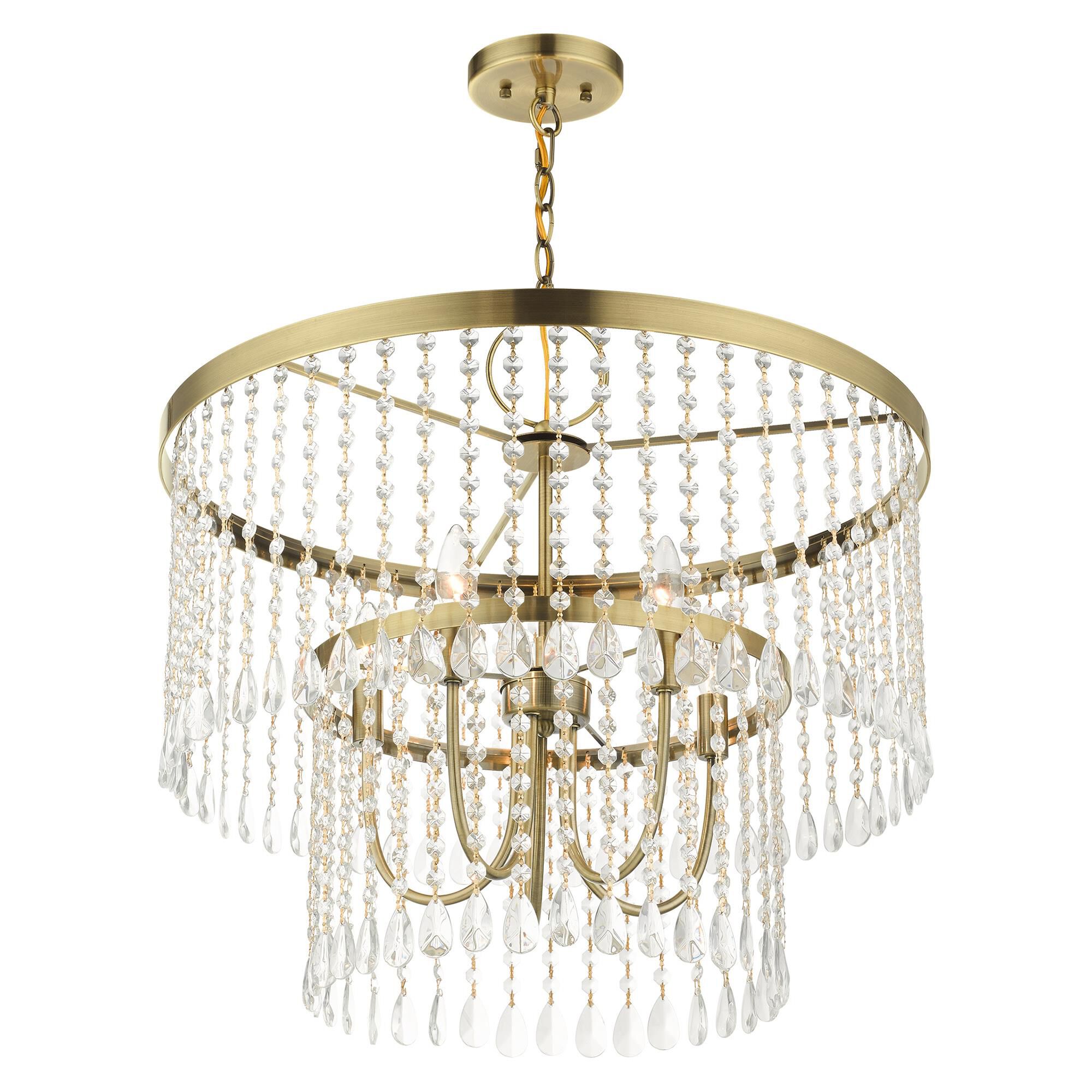 Shown in Antique Brass finish and Hand Assembled Crystal Shade glass