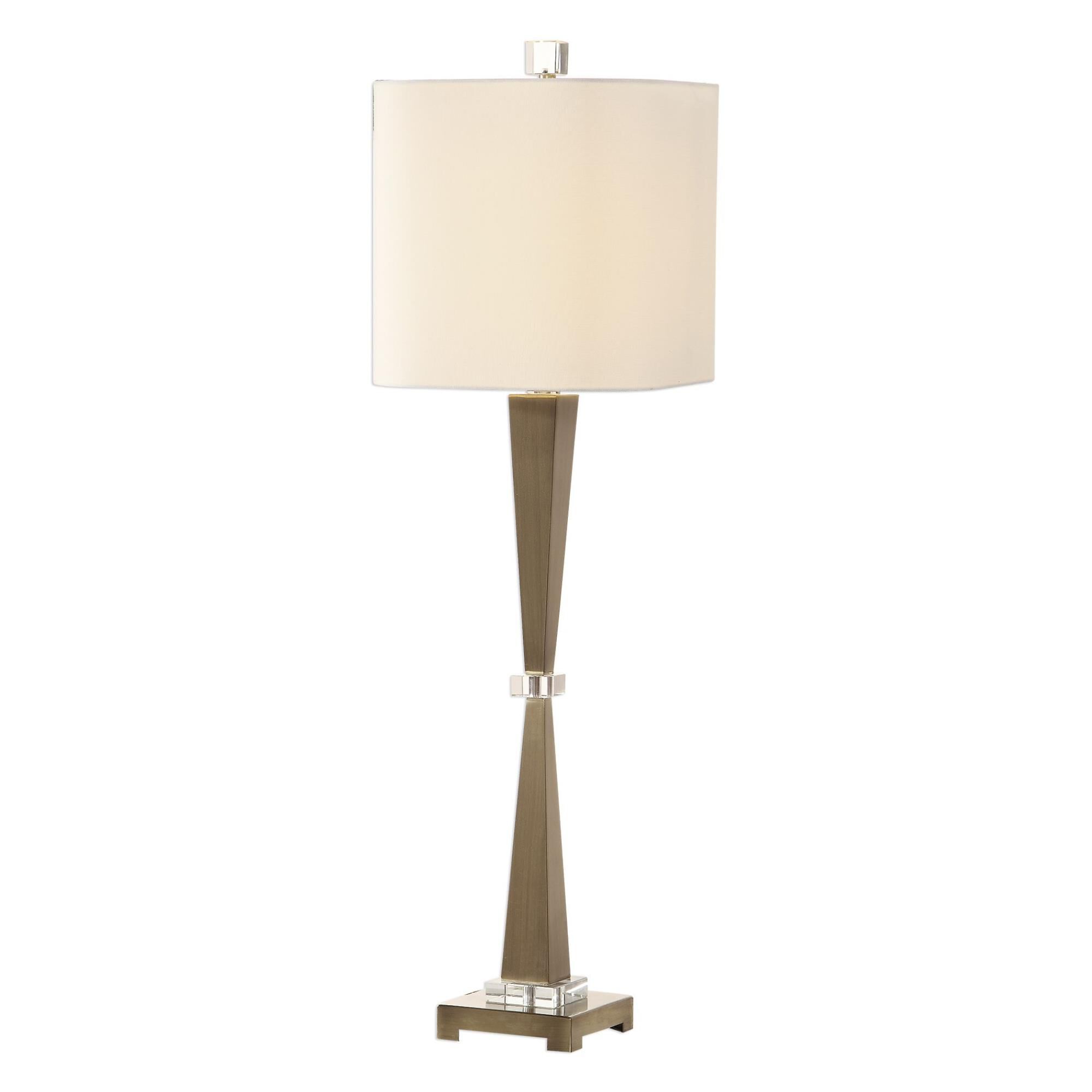 Shown in This Sleek Design Features Tapered Steel Columns, Finished In Plated, Lightly Antiqued Brushed Brass finish and Square Hardback With Rolled Edges shade
