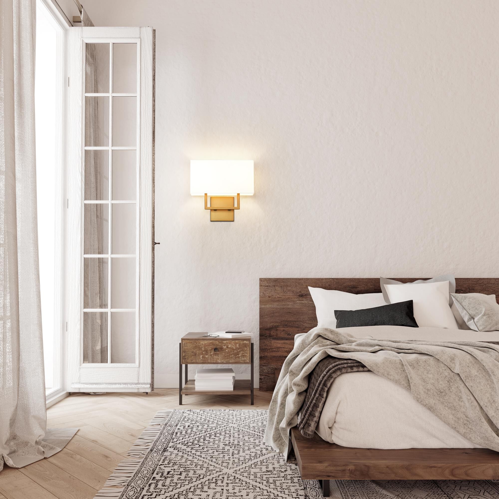 Shown in Rubbed Brass finish and White glass and White shade