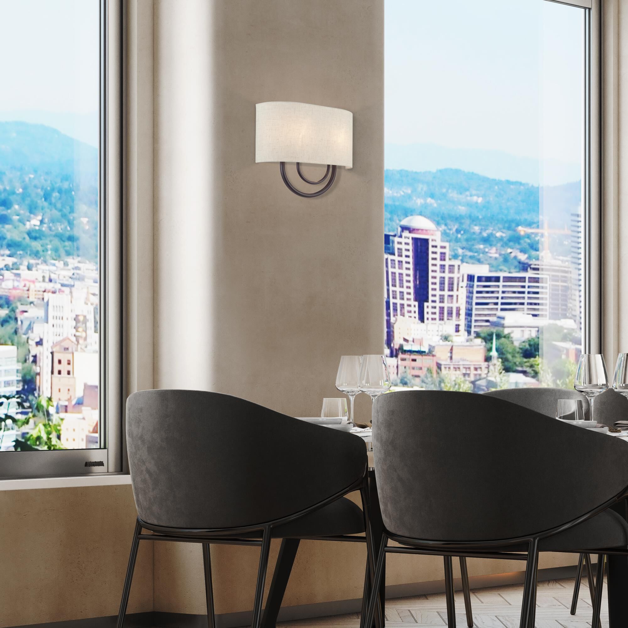 Shown in English Bronze finish and Hand Crafted Oatmeal Color Fabric Hardback with White Fabric Inside shade