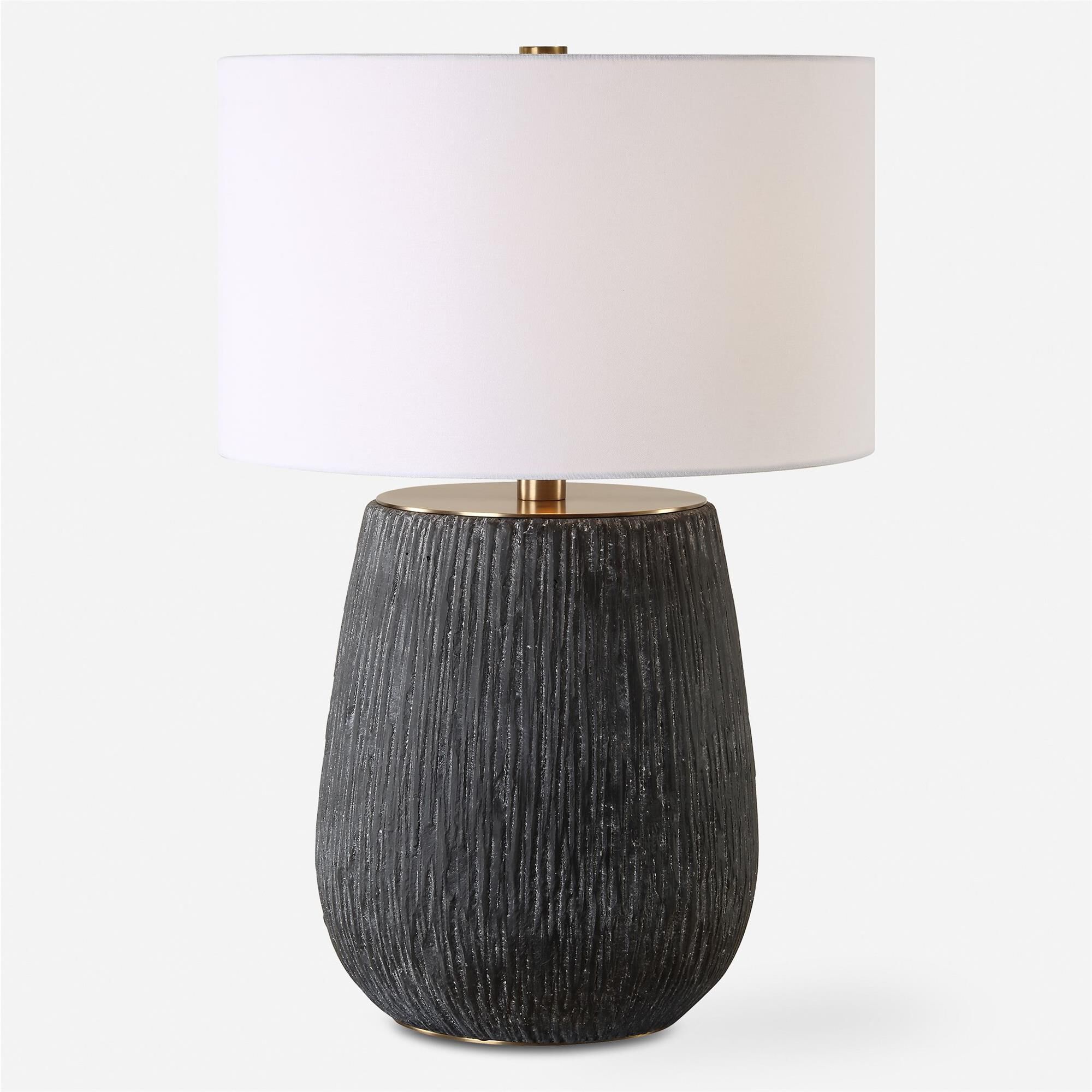 Shown in This Table Lamp Features A Concrete Base With Deep Organic Texturing Finished In An Aged Black With  finish and Round Hardback shade