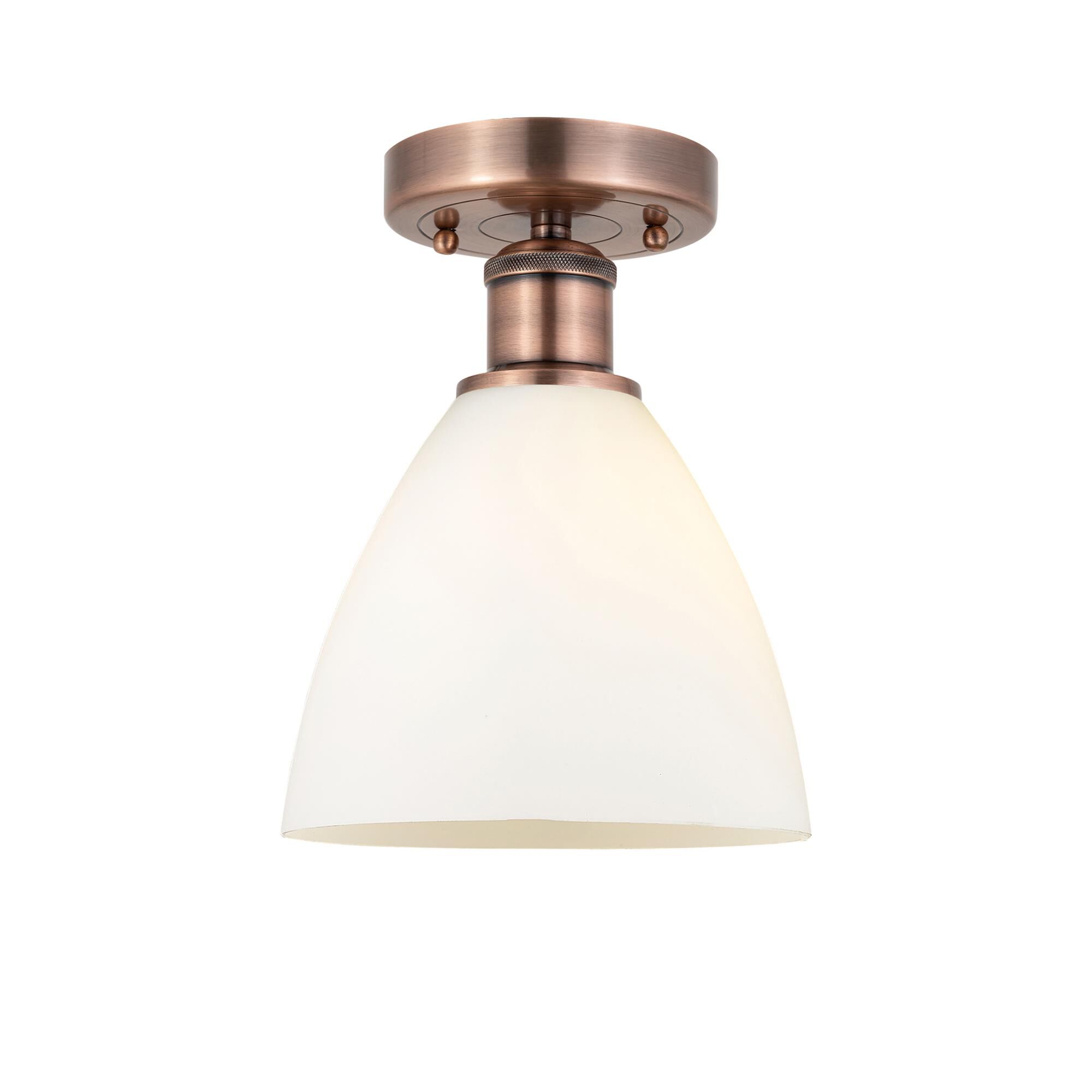 Shown in Antique Copper finish and Matte White glass