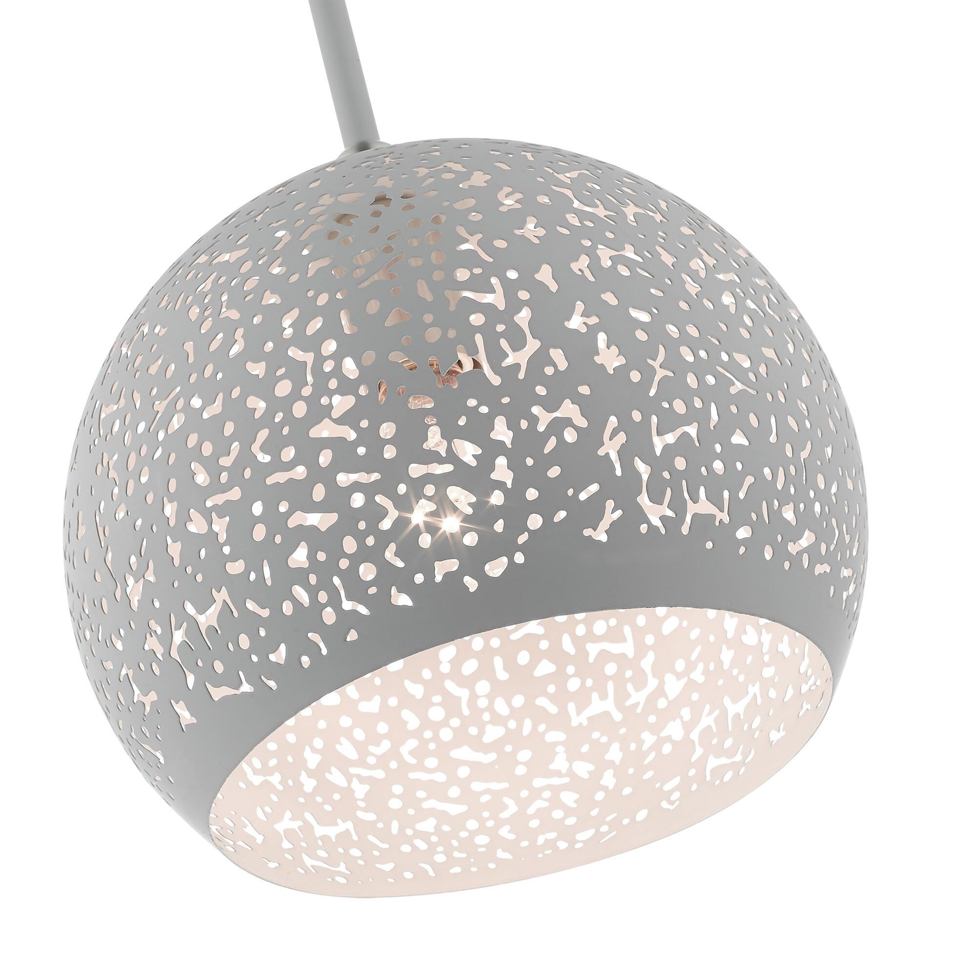 Shown in Nordic Gray With Brushed Nickel Accents finish and Nordic Gray Filigreed Metal Shade With White Finish Inside glass and Nordic Gray Filigreed Metal  With White Finish Inside shade