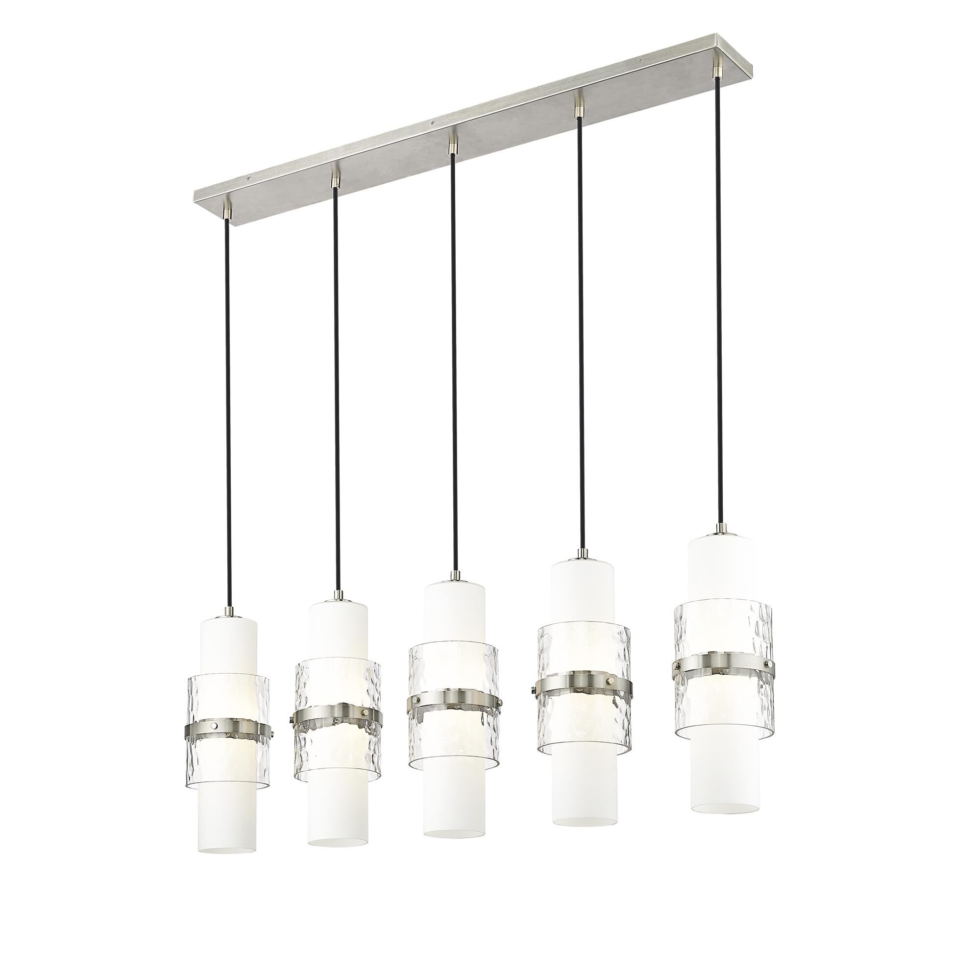 Shown in Brushed Nickel finish and Clear + Etched Opal glass and Clear + Etched Opal shade