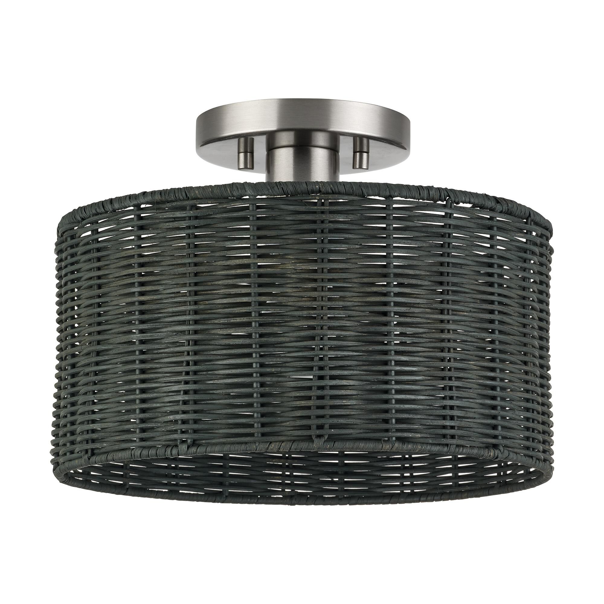 Shown in Brushed Nickel finish and Hand-Woven Charred Gray Color Rattan shade
