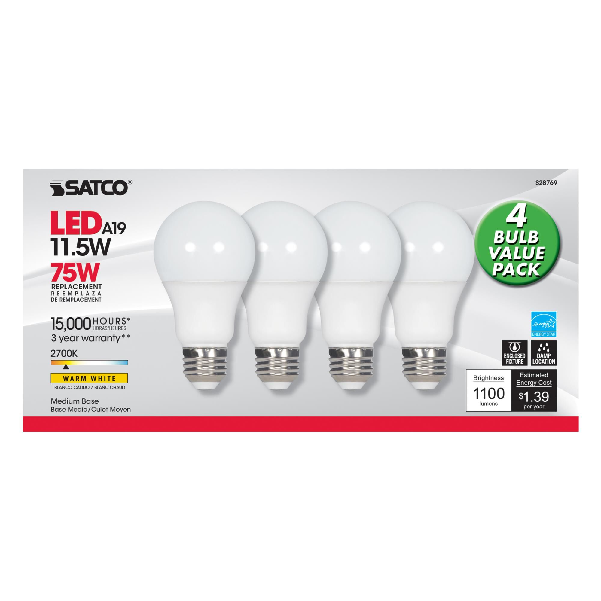11.5 Watt 2700K A19 LED Light Bulb,