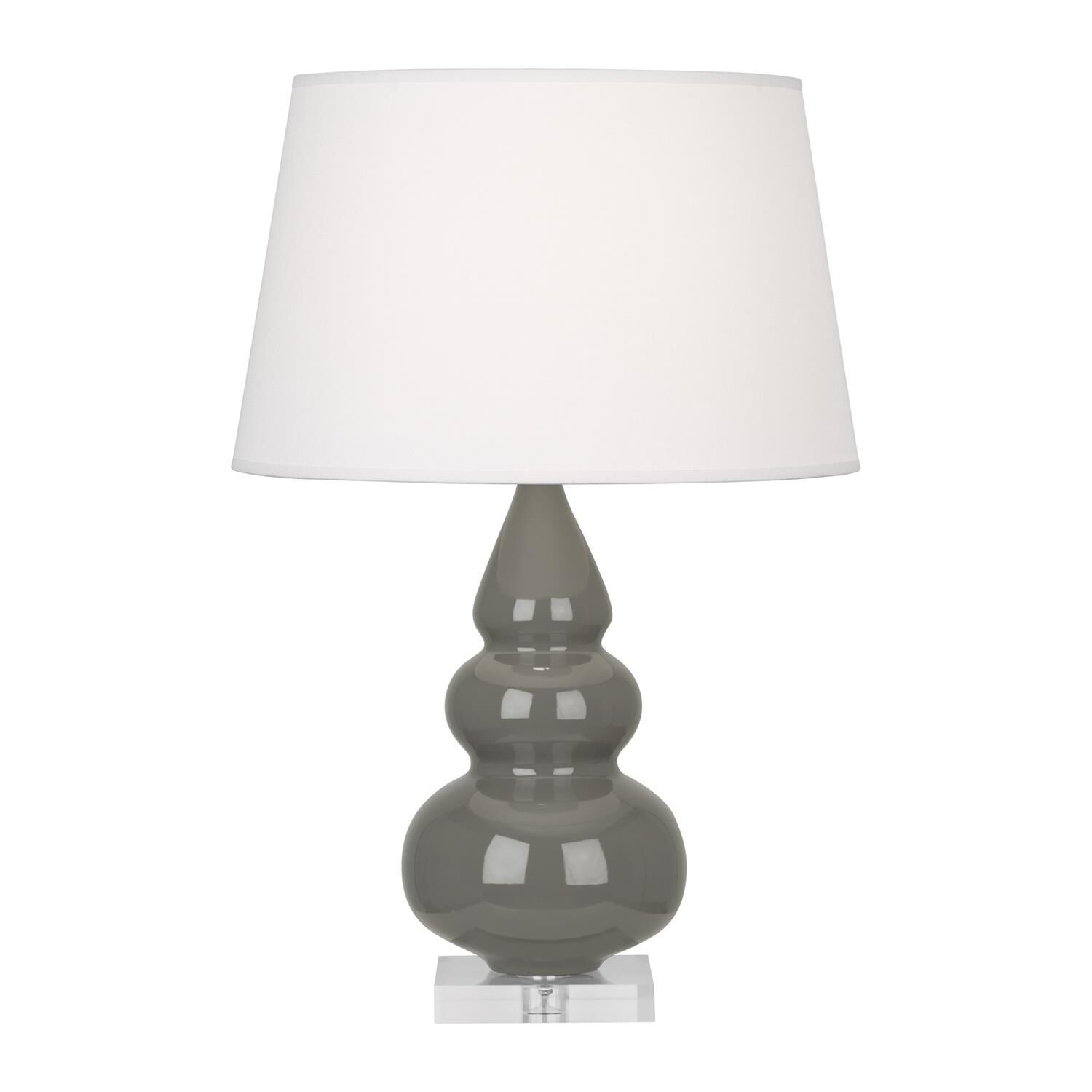 Shown in Ash Glazed Ceramic With Lucite Base finish and Pearl Dupioni Fabric shade