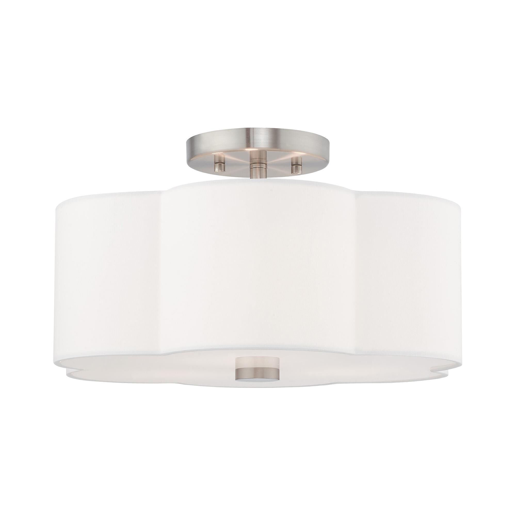 Shown in Brushed Nickel finish and Hand Crafted Off-White Fabric Hardback shade