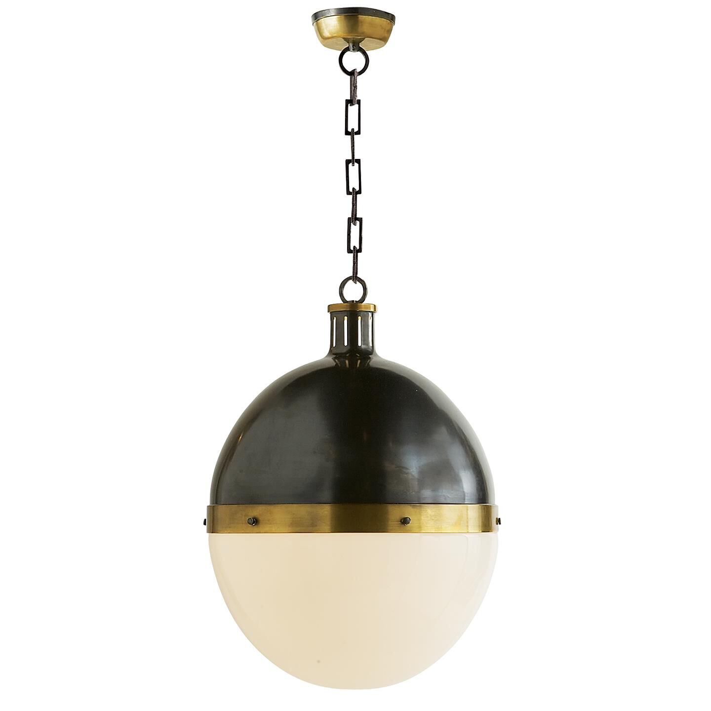 Shown in Bronze With Antique Brass finish and White glass