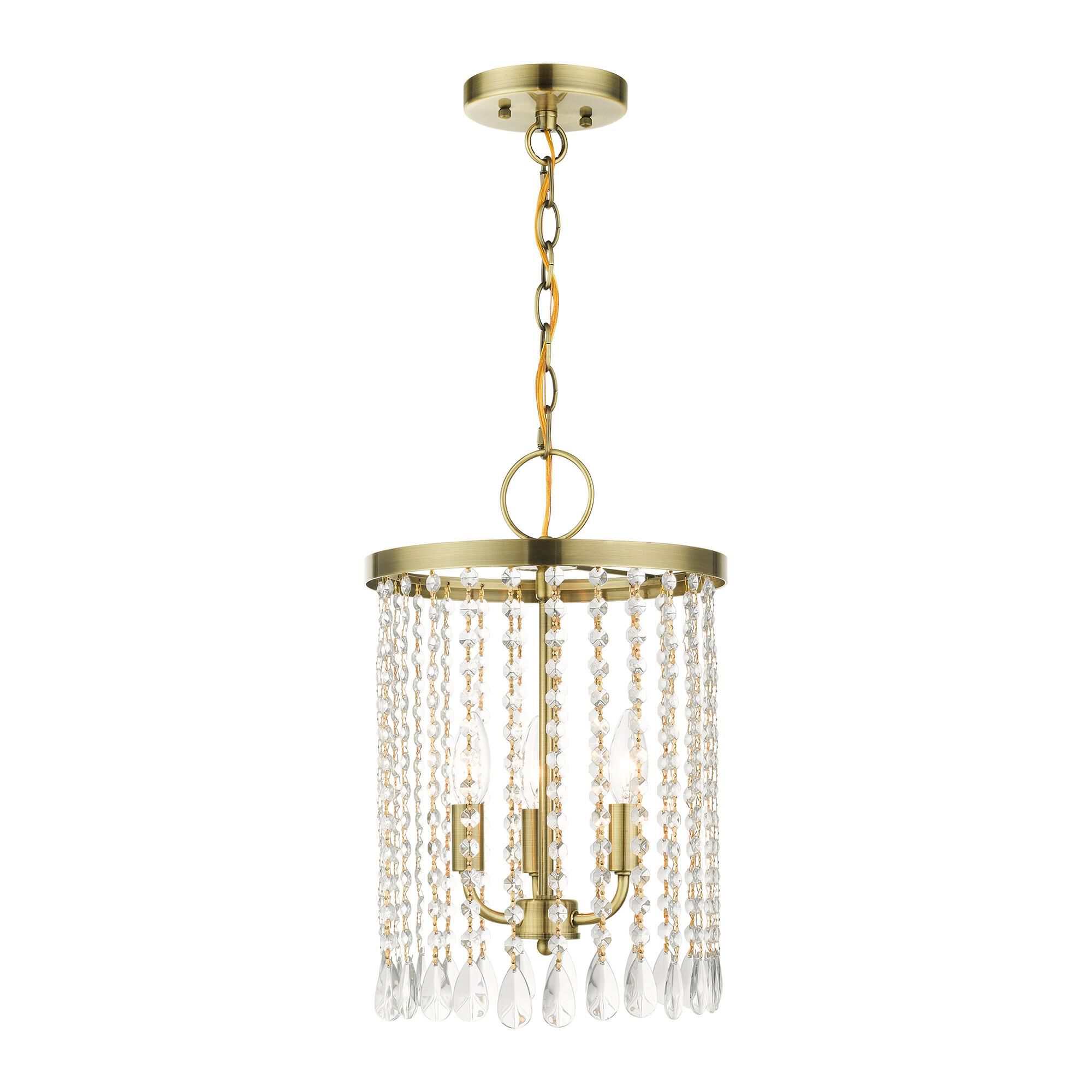 Shown in Antique Brass finish and Hand Assembled Crystal Shade glass