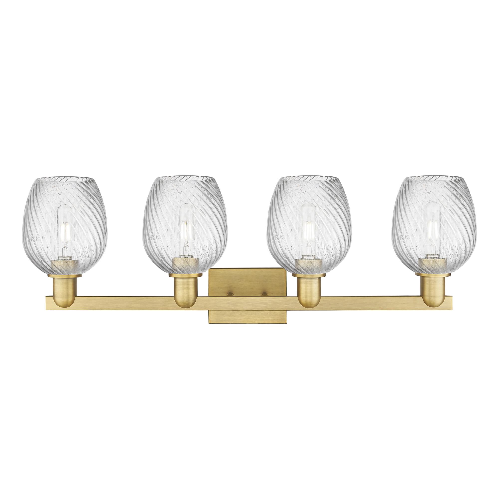 Shown in Brushed Brass finish and Clear Spiral Fluted glass