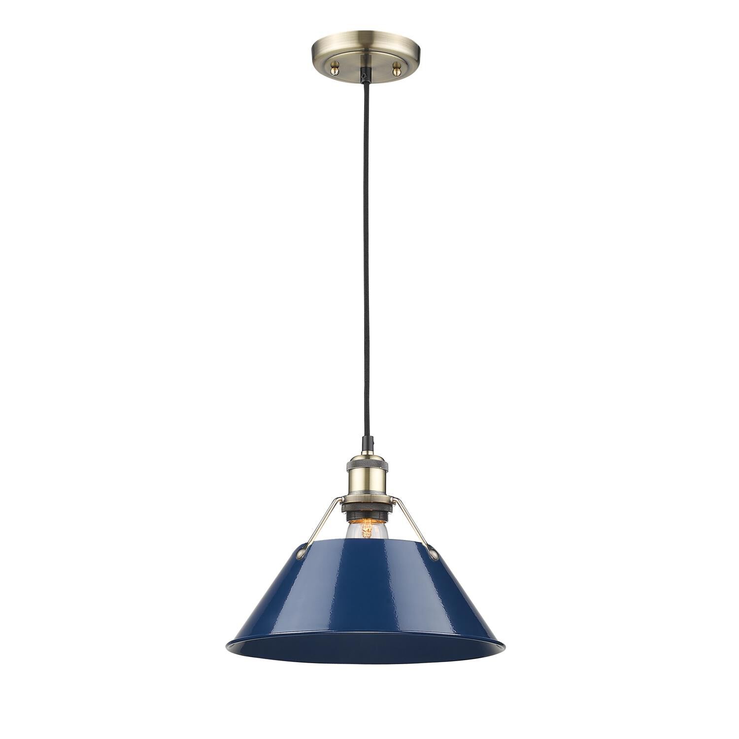 Shown in Aged Brass finish and Navy Blue shade