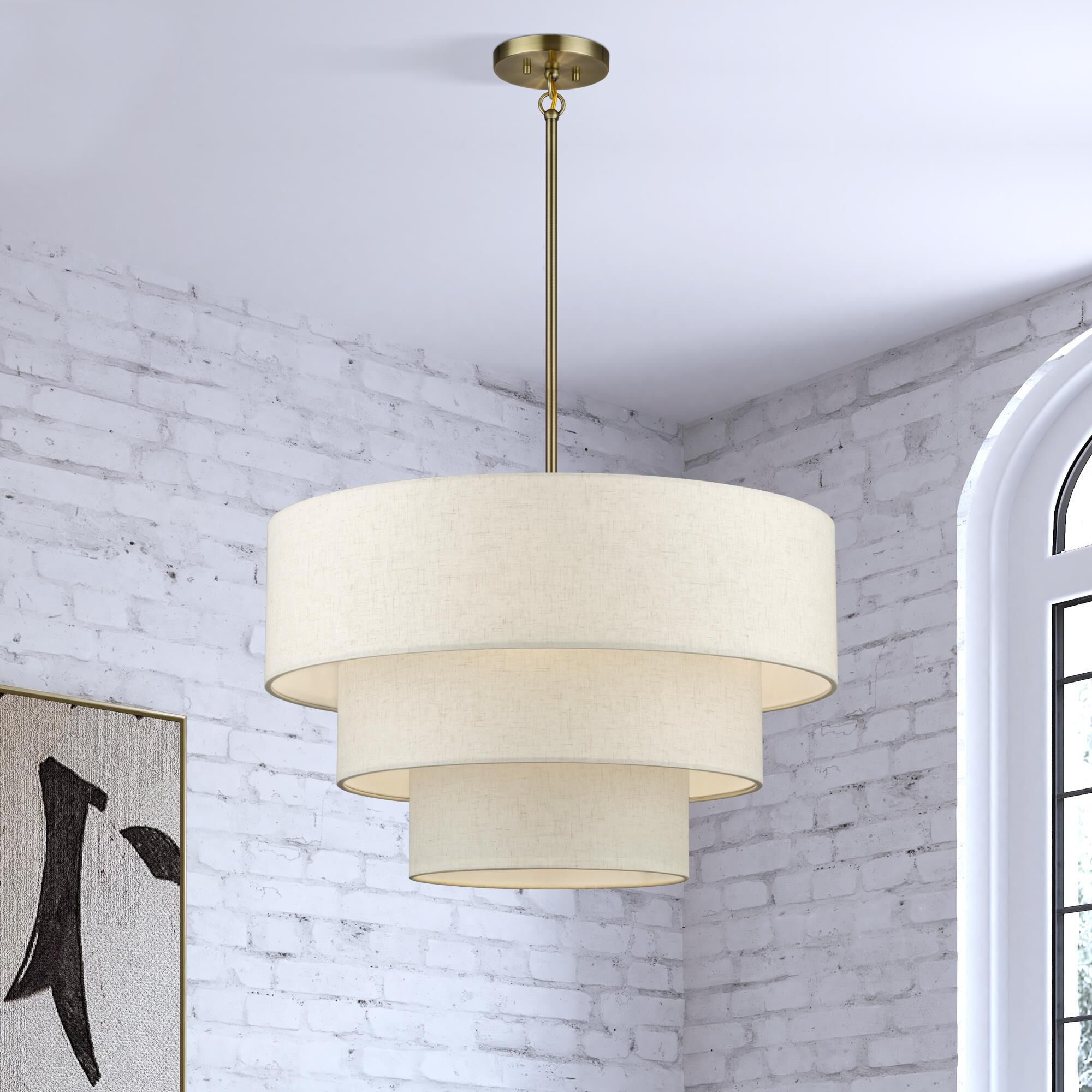 Shown in Antique Brass finish and Hand Crafted Oatmeal Color Fabric with White Color Inside shade