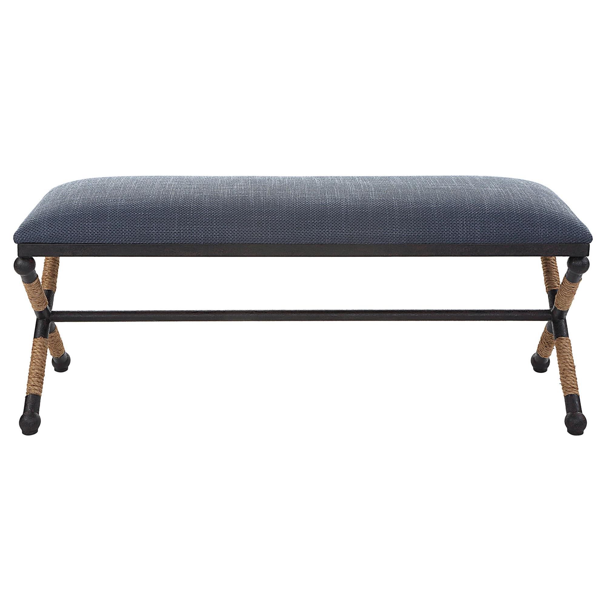 Shown in Rustic Iron Frame With A Nautical Touch, Wrapped In Natural Fiber Rope Accents. Cushioned Top Is A C finish