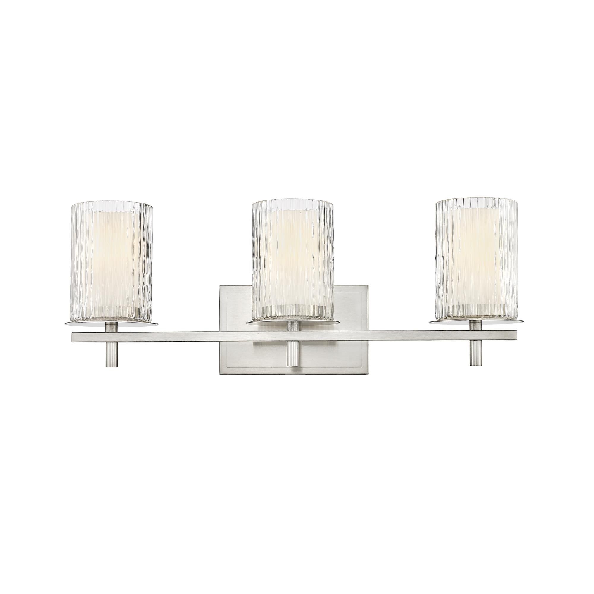 Shown in Brushed Nickel finish and Clear + Etched Opal glass and Clear + Etched Opal shade