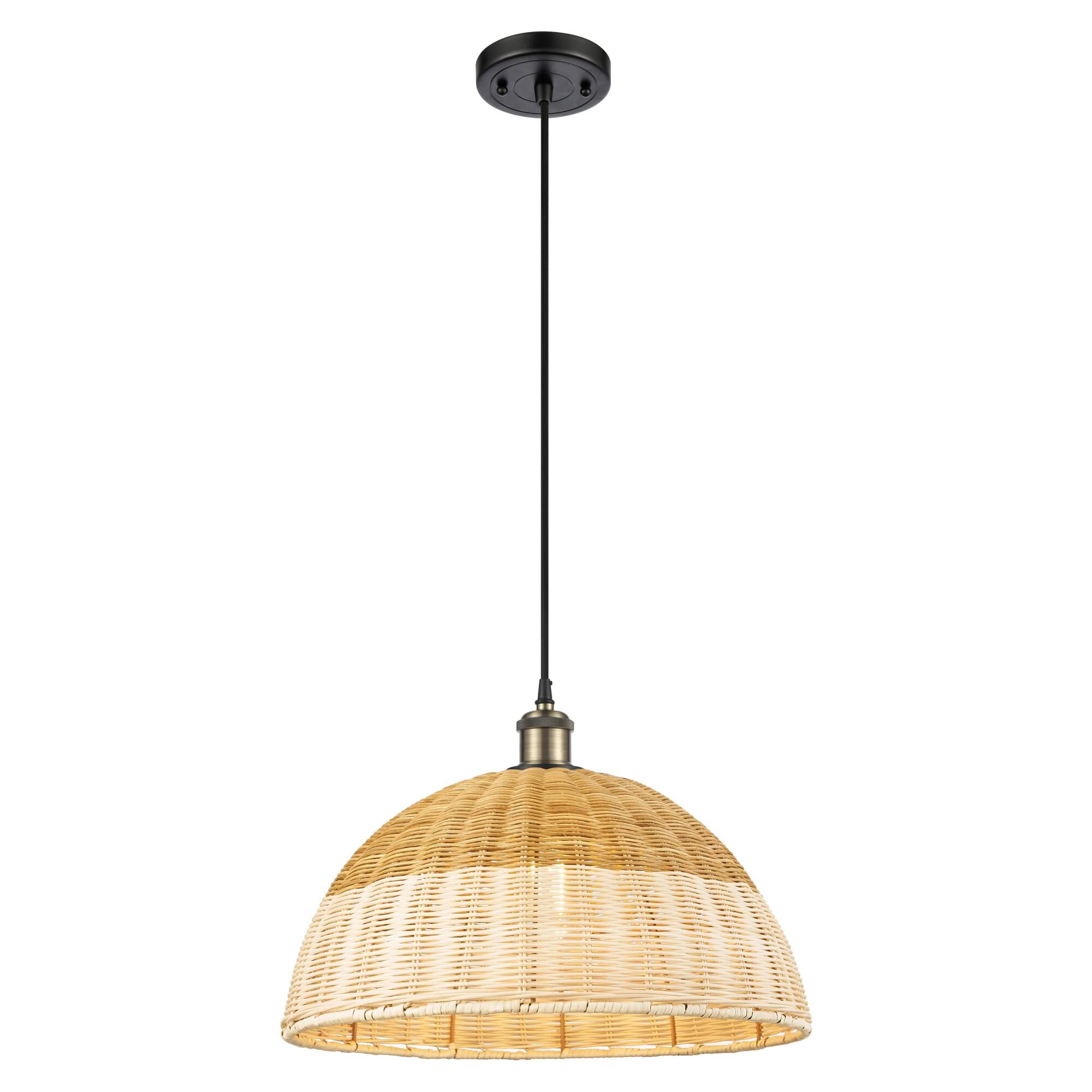 Shown in Black Antique Brass finish and Natural shade