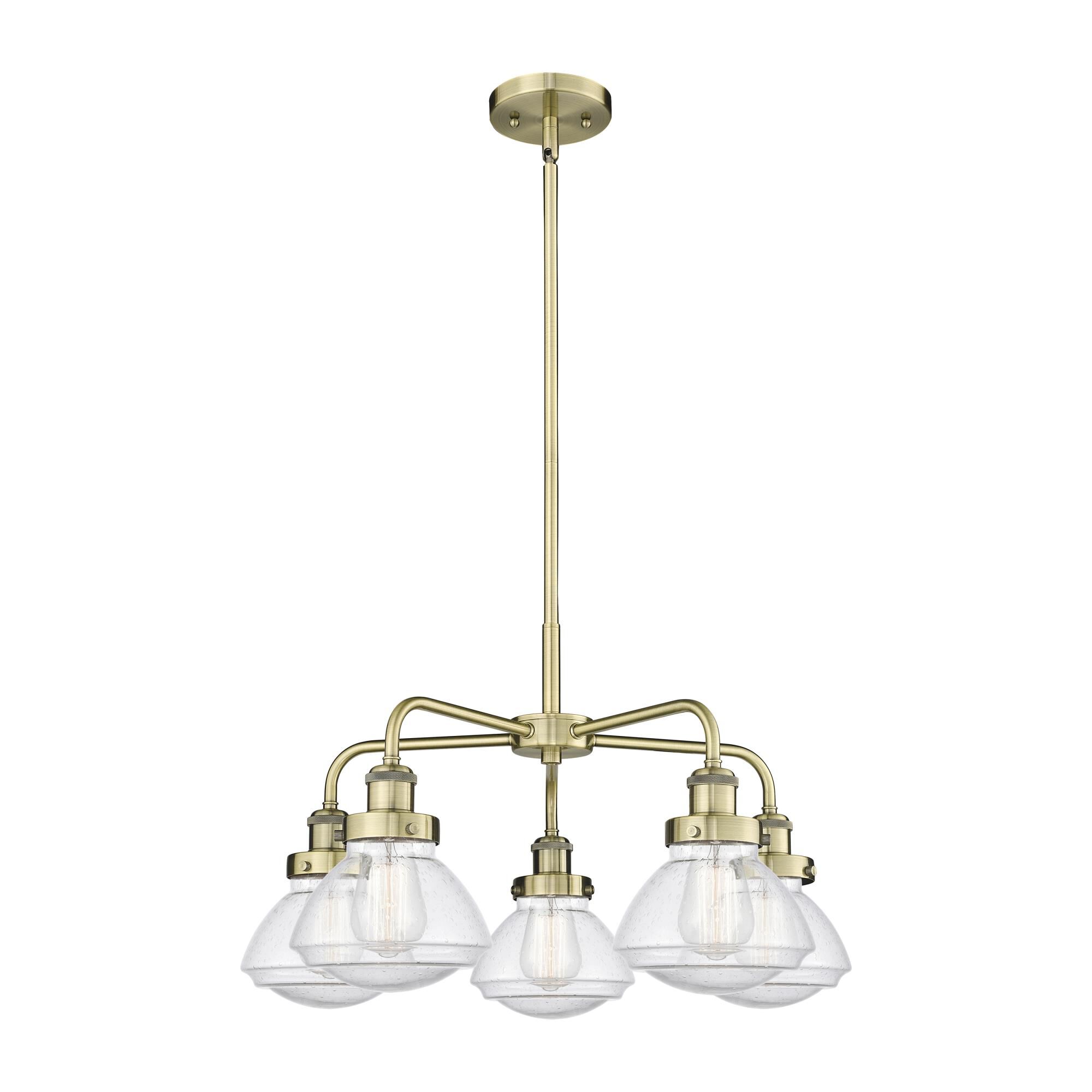 Shown in Antique Brass finish and Seedy glass