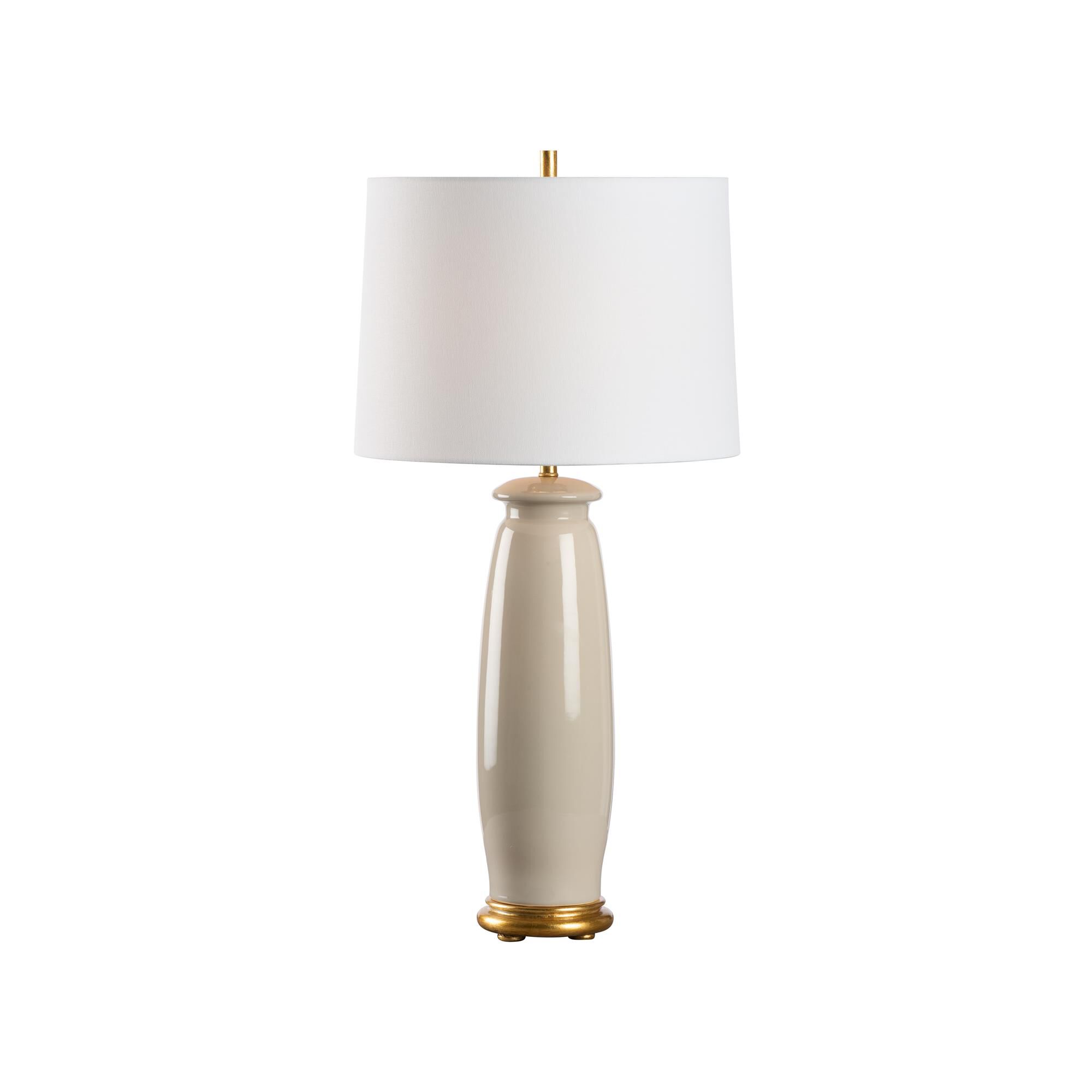 Shown in Tan and Gold finish and Linen shade