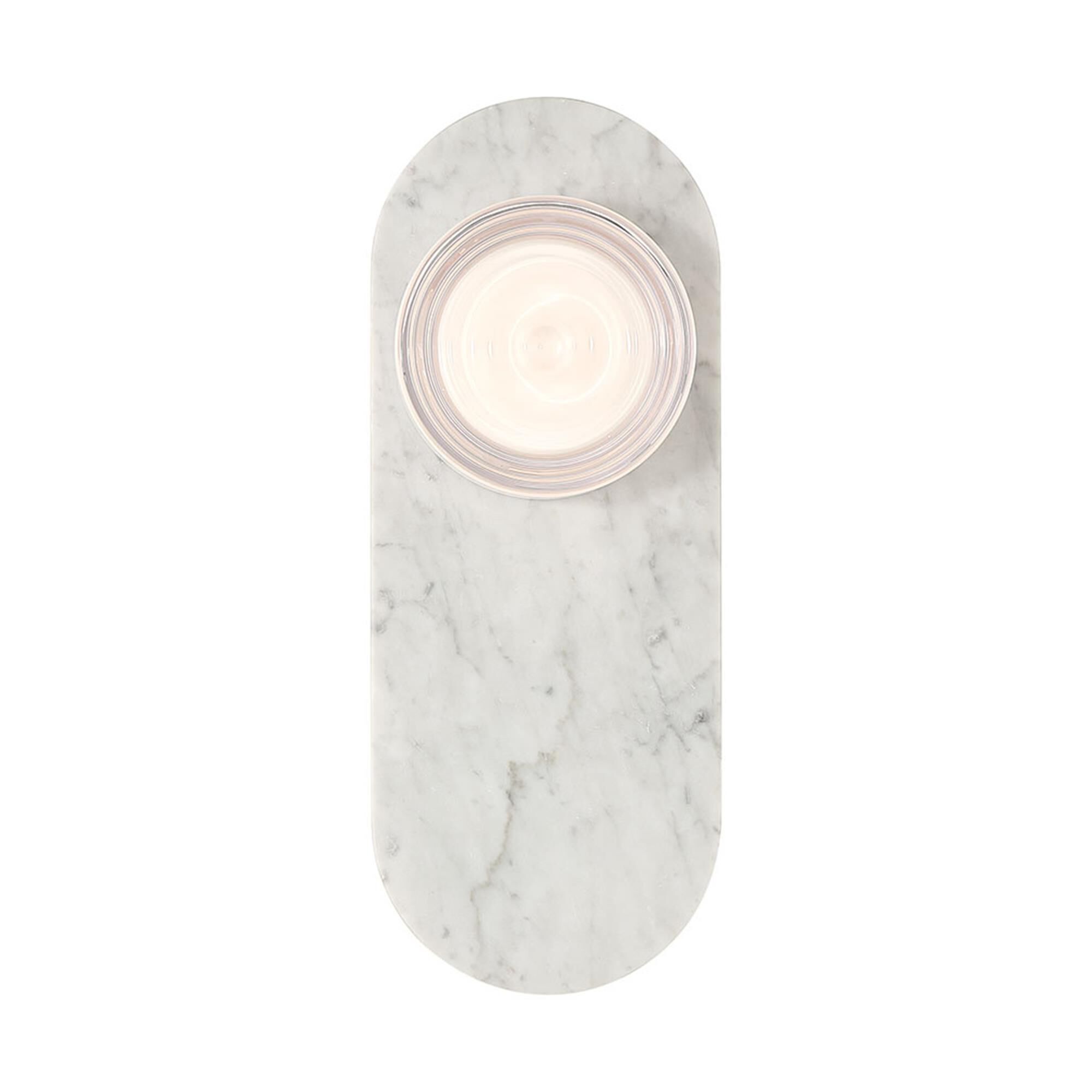 Shown in Marble White finish and Clear Wave glass