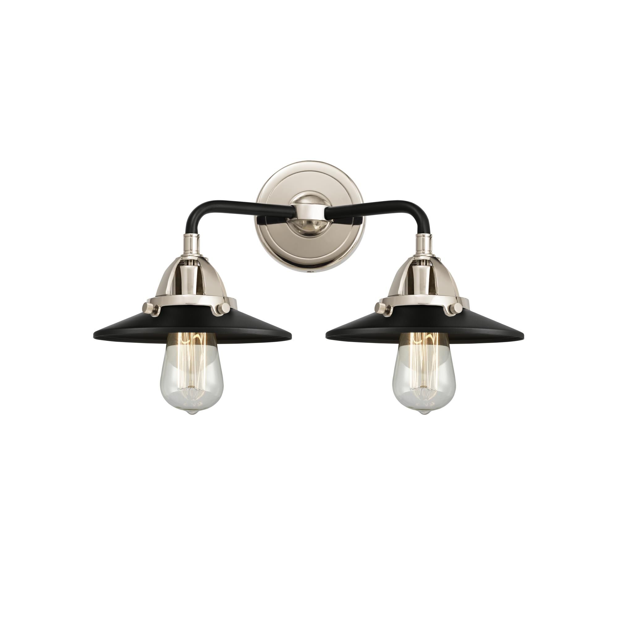 Shown in Black Polished Nickel finish and No Glass glass and Matte Black Railroad shade