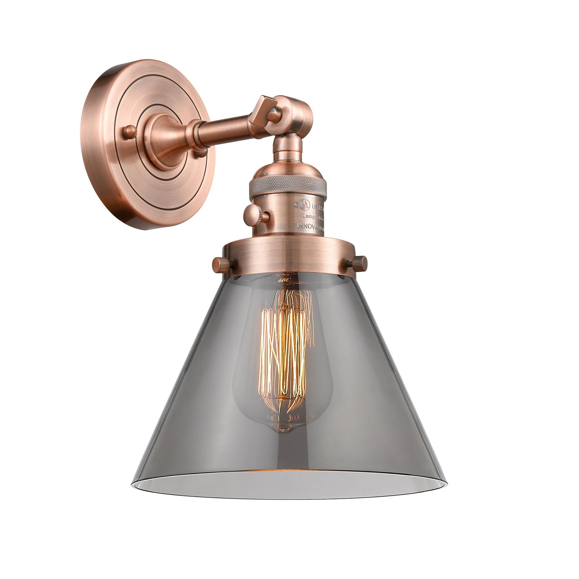 Shown in Antique Copper finish and Smoked Large Cone glass and Brushed Satin Nickel shade and Switch on Socket accent