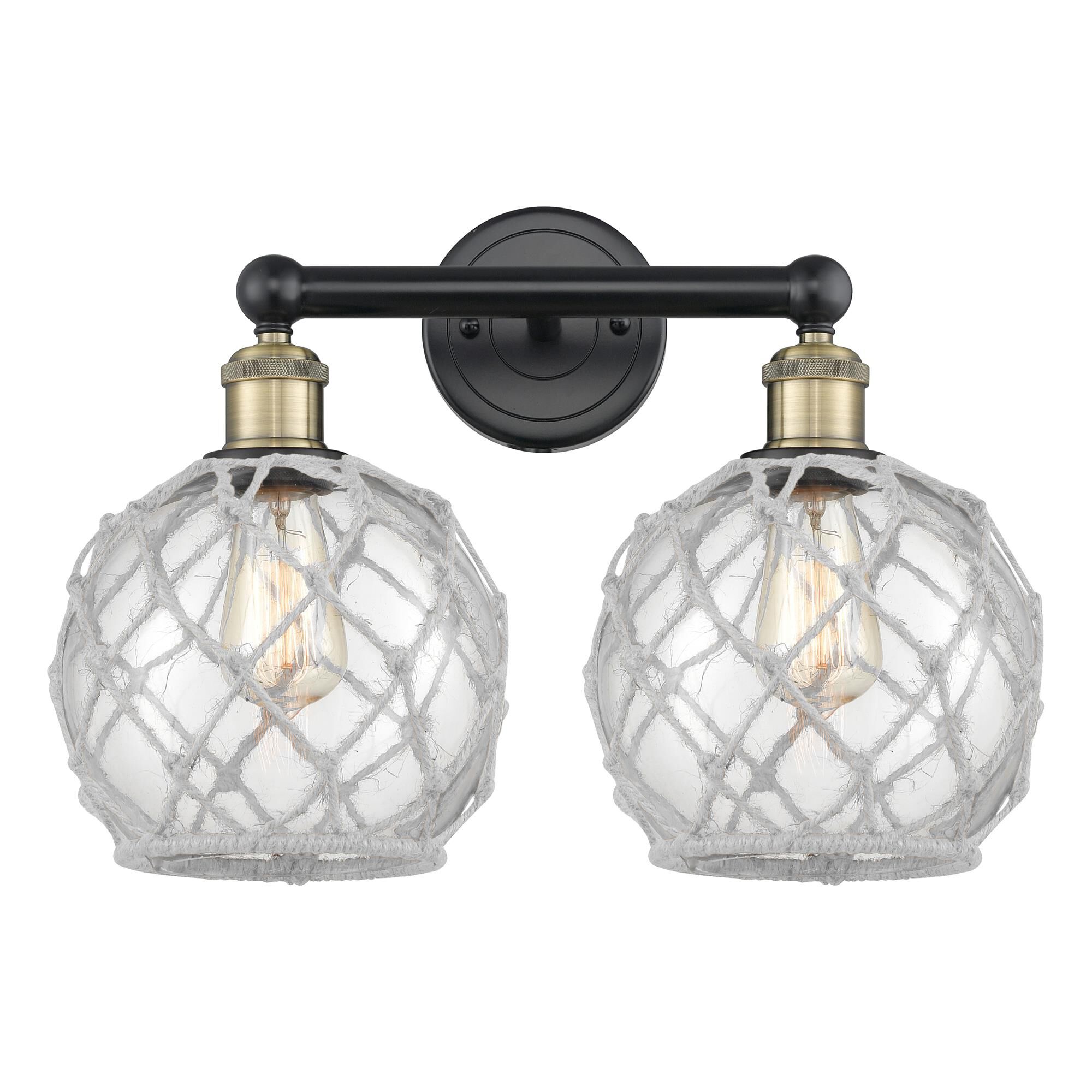 Shown in Black Antique Brass finish and Clear with White Rope glass