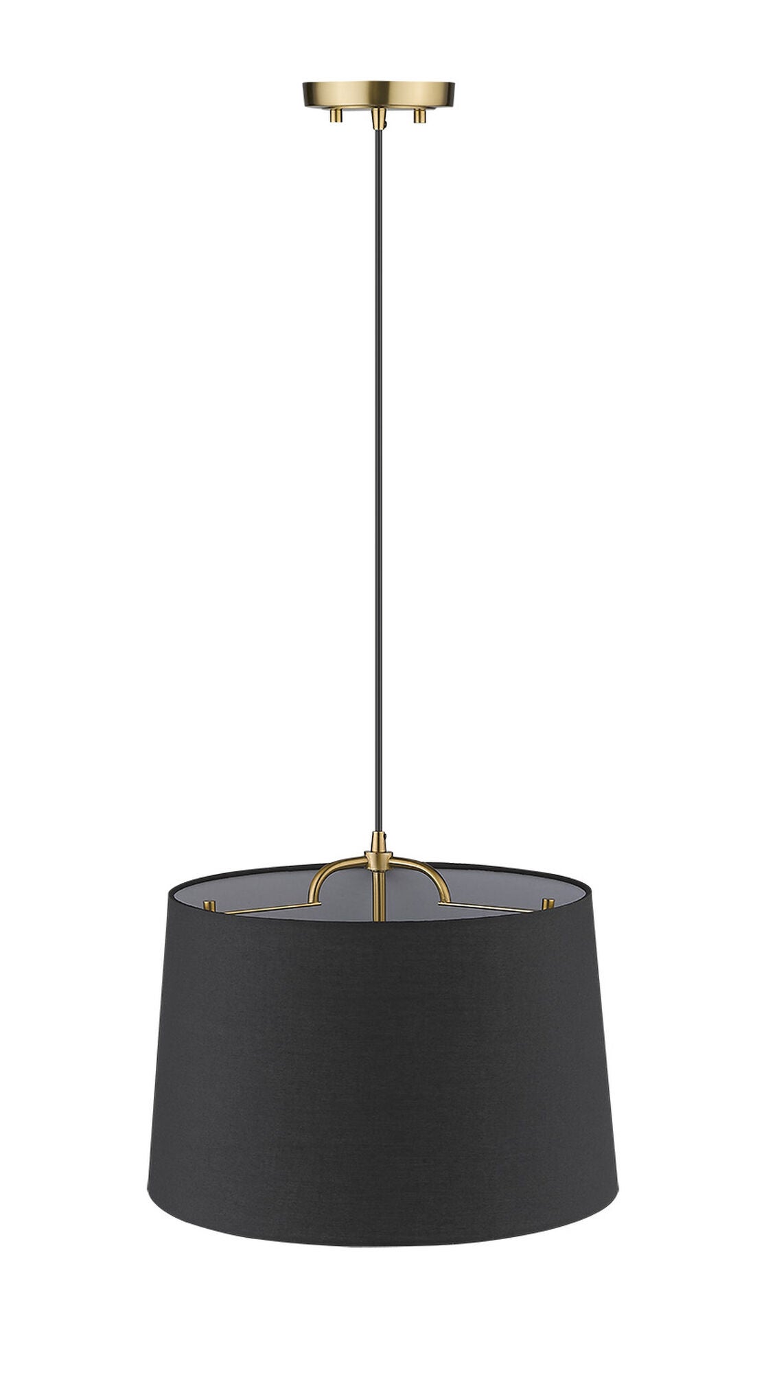 Shown in Gold finish and Matte Black glass and Black Hardback Linen Drum shade