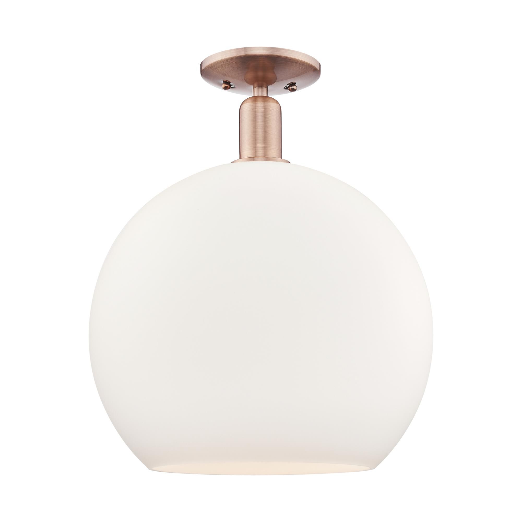 Shown in Antique Copper finish and Matte White glass