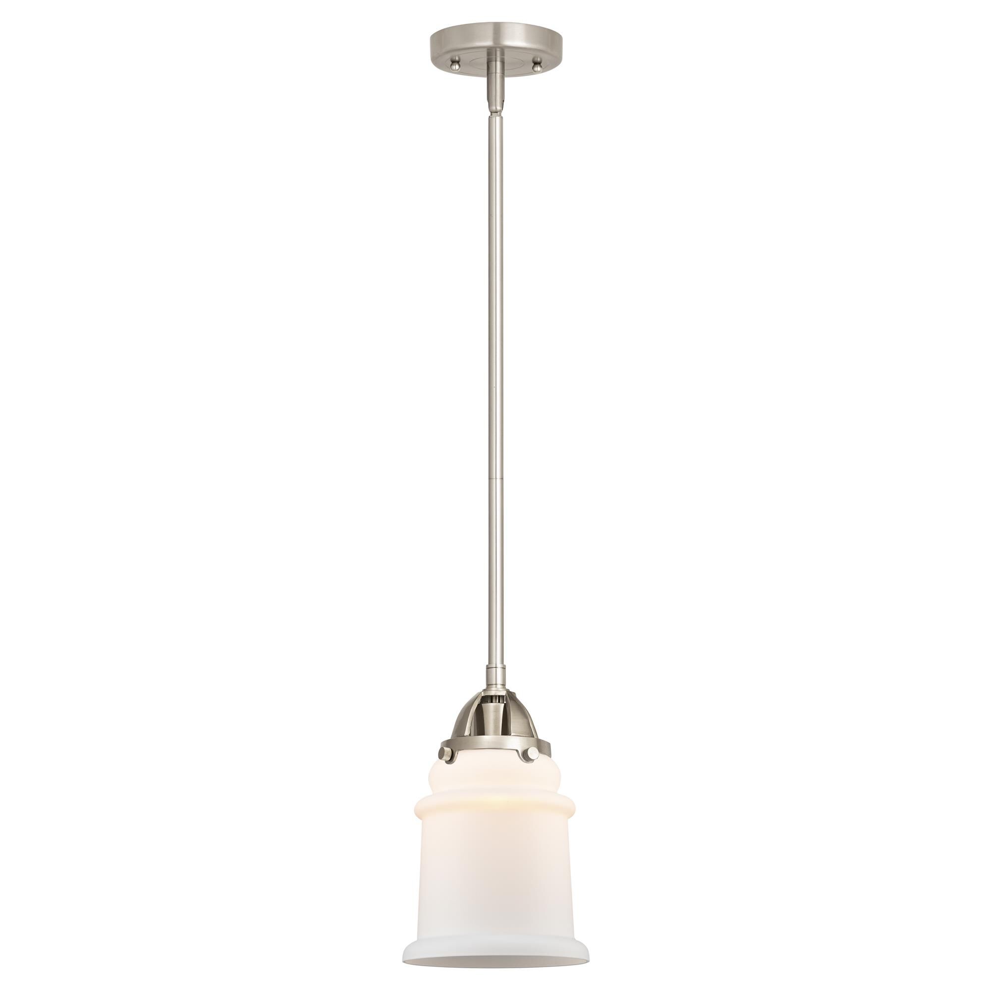 Shown in Brushed Satin Nickel finish and Matte White glass