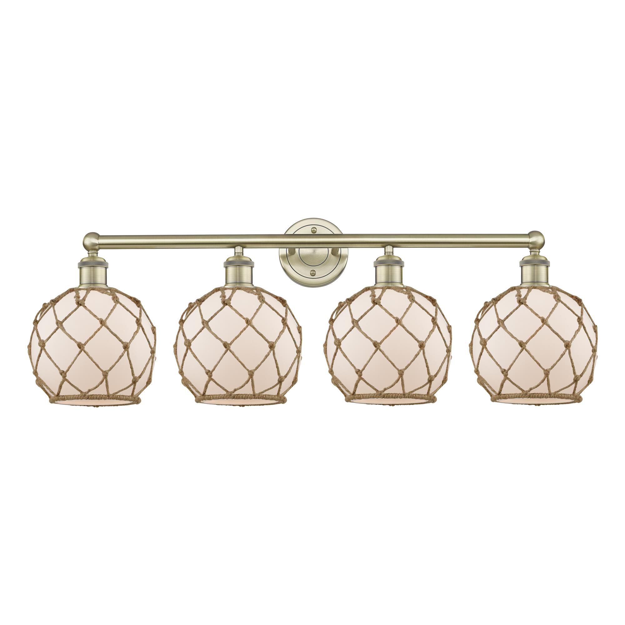 Shown in Antique Brass finish and White with Brown Rope glass