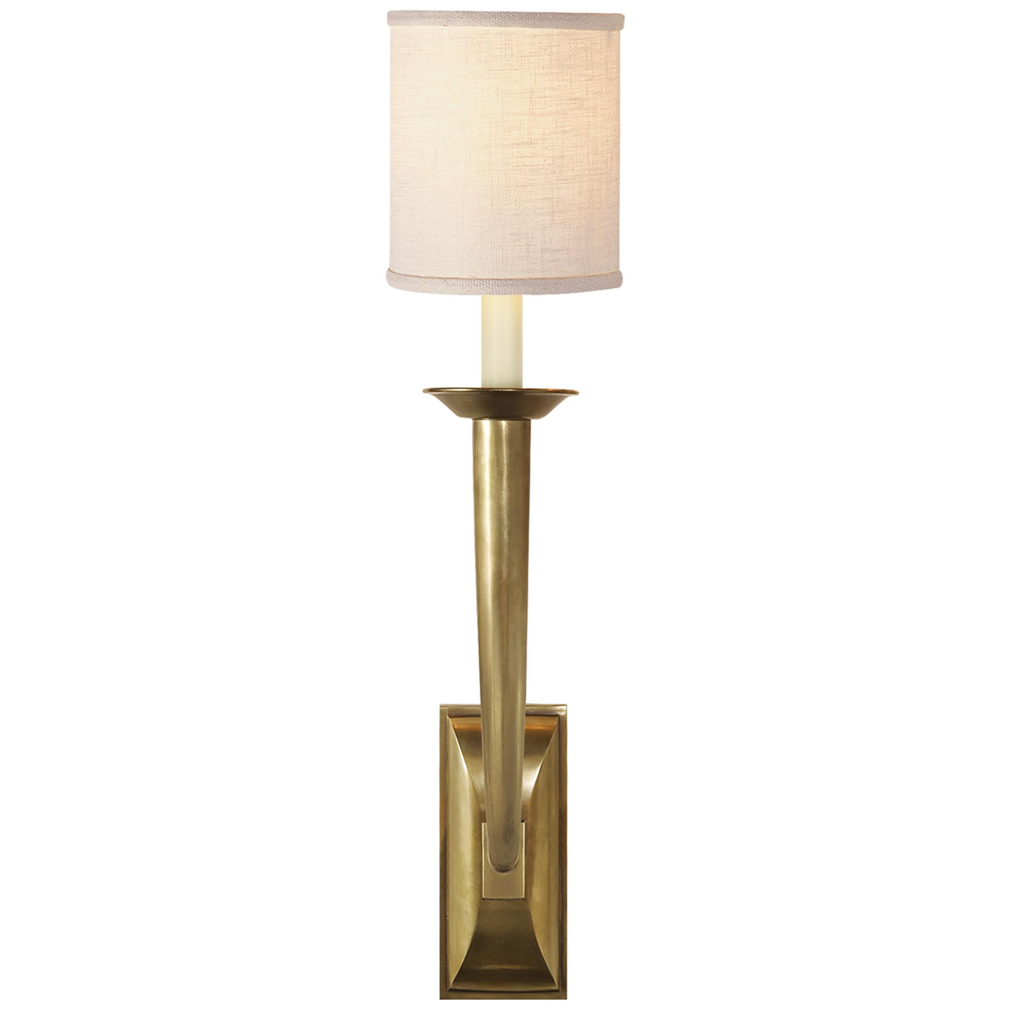 Shown in Hand-Rubbed Antique Brass finish and Linen shade