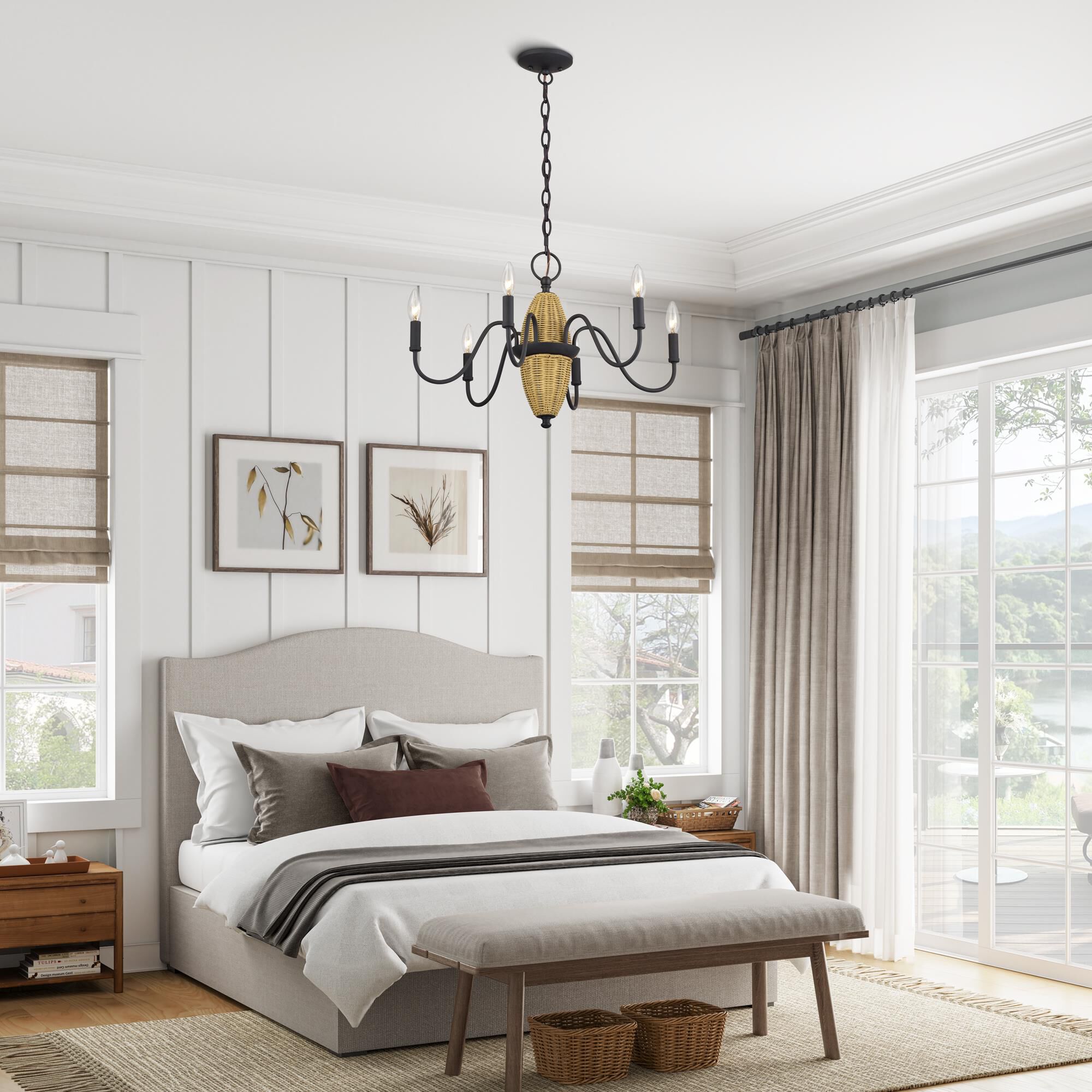 Shown in Bronze finish and Hand-Woven Rustic Walnut Color Rattan Column shade