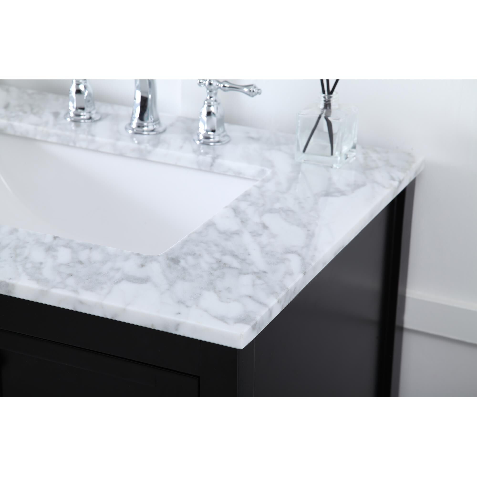 Shown in Black And Brushed Nickel With Carrara White Marble finish